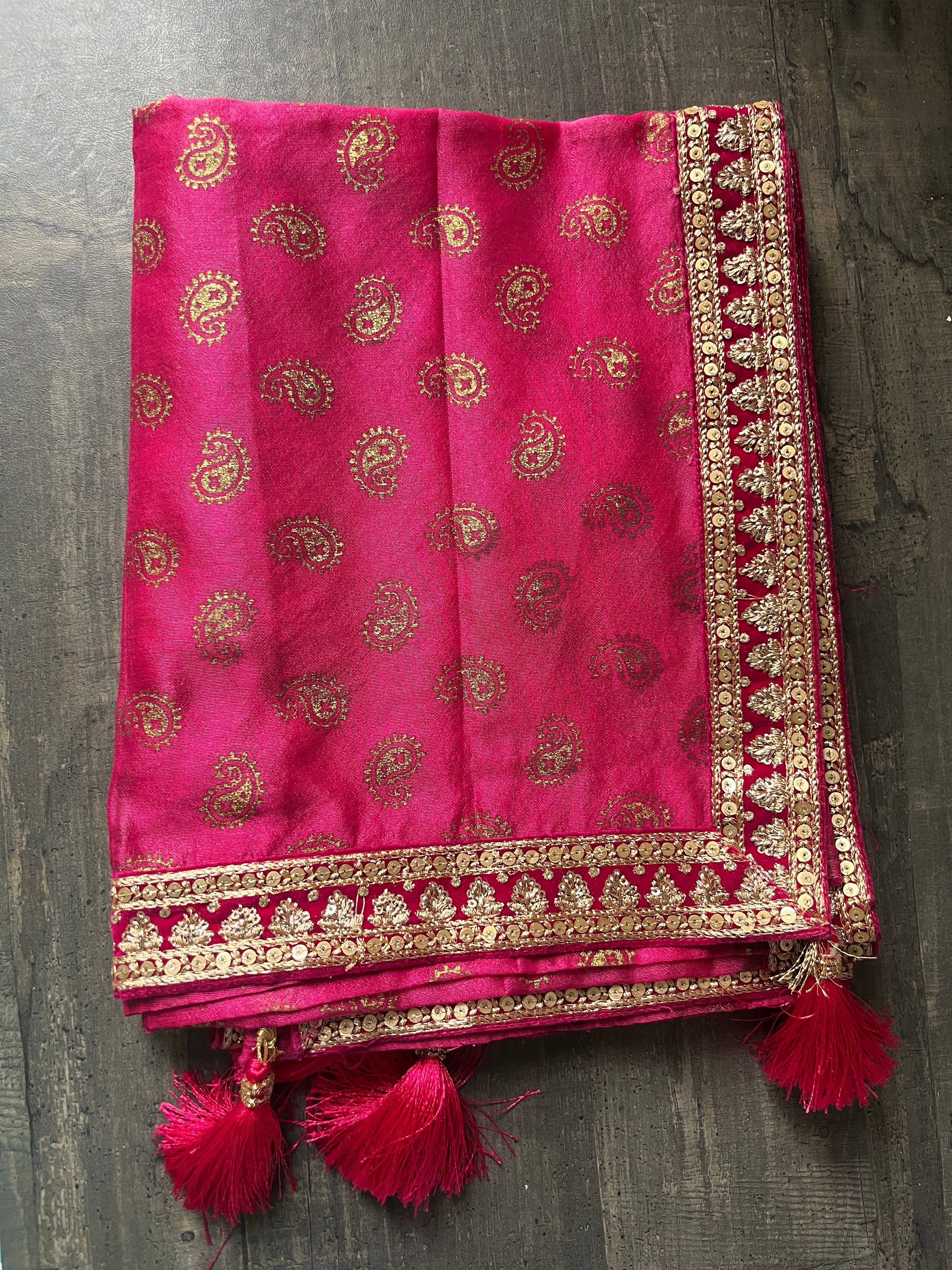 Pink silk golden motif with handcrafted border Stole For unisex male and female