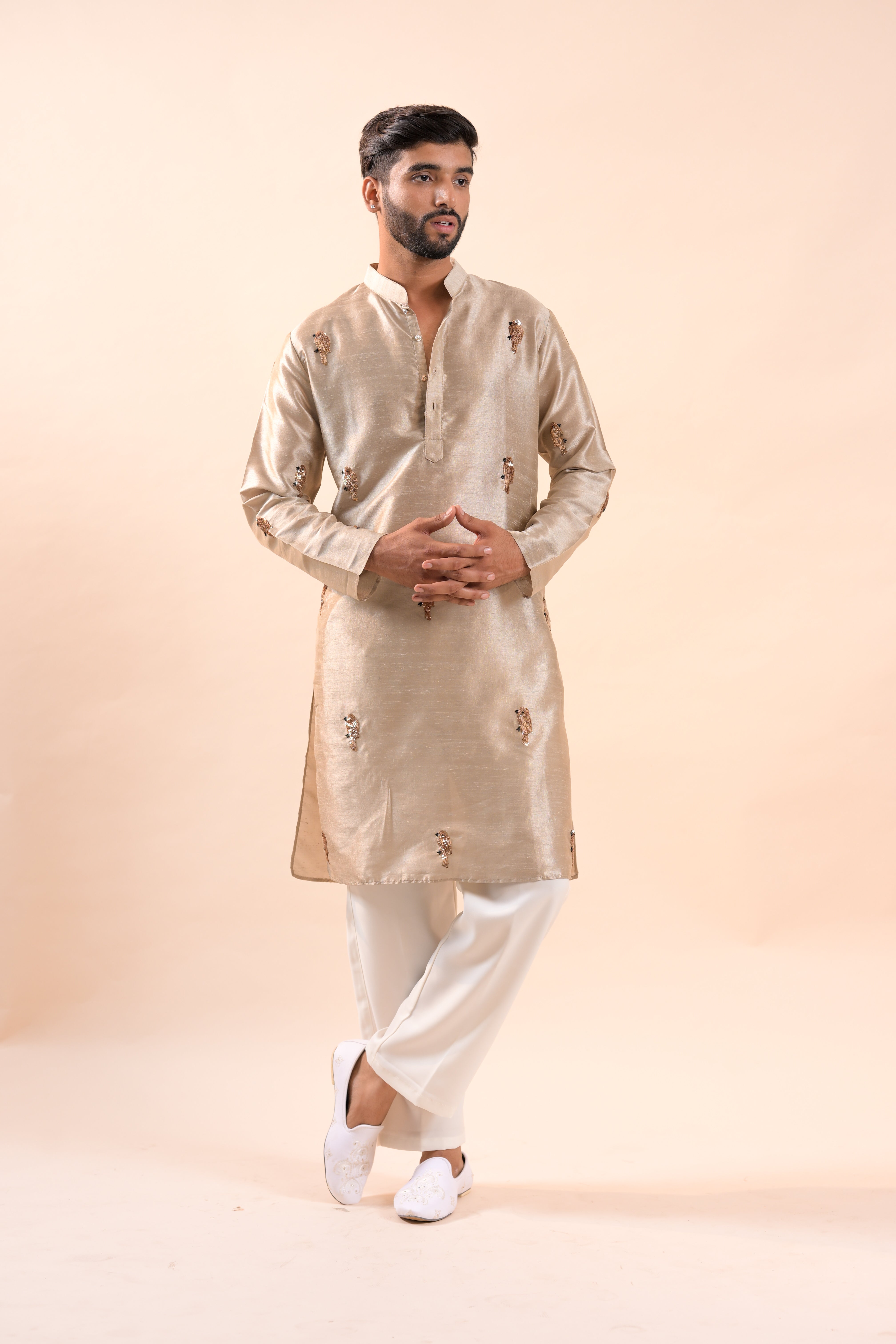 Beige Handwork sequence Mens Kurta & Pants Set | Festive Outfit for men | Groom or Groomsmen outfit