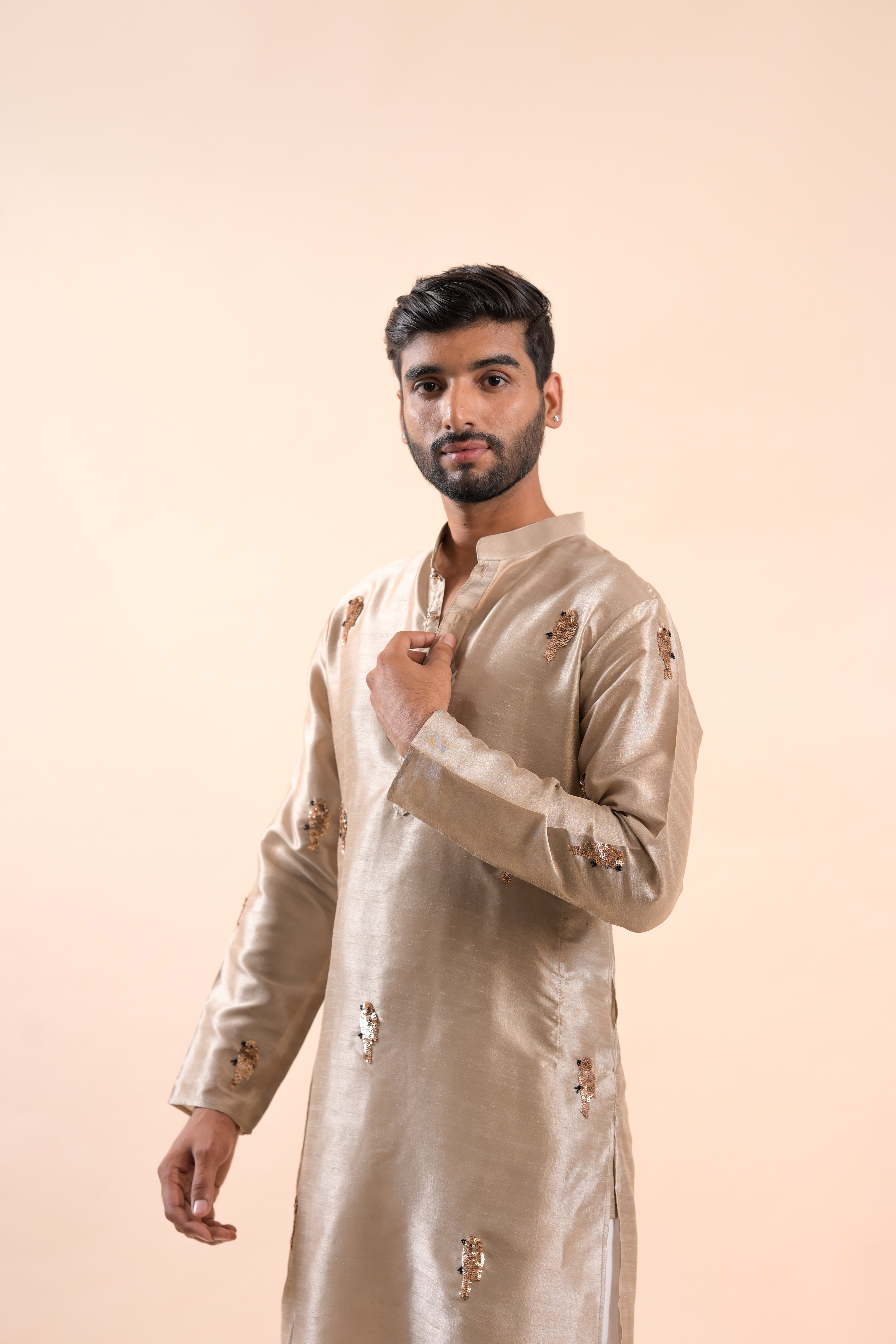 Beige Handwork sequence Mens Kurta & Pants Set | Festive Outfit for men | Groom or Groomsmen outfit