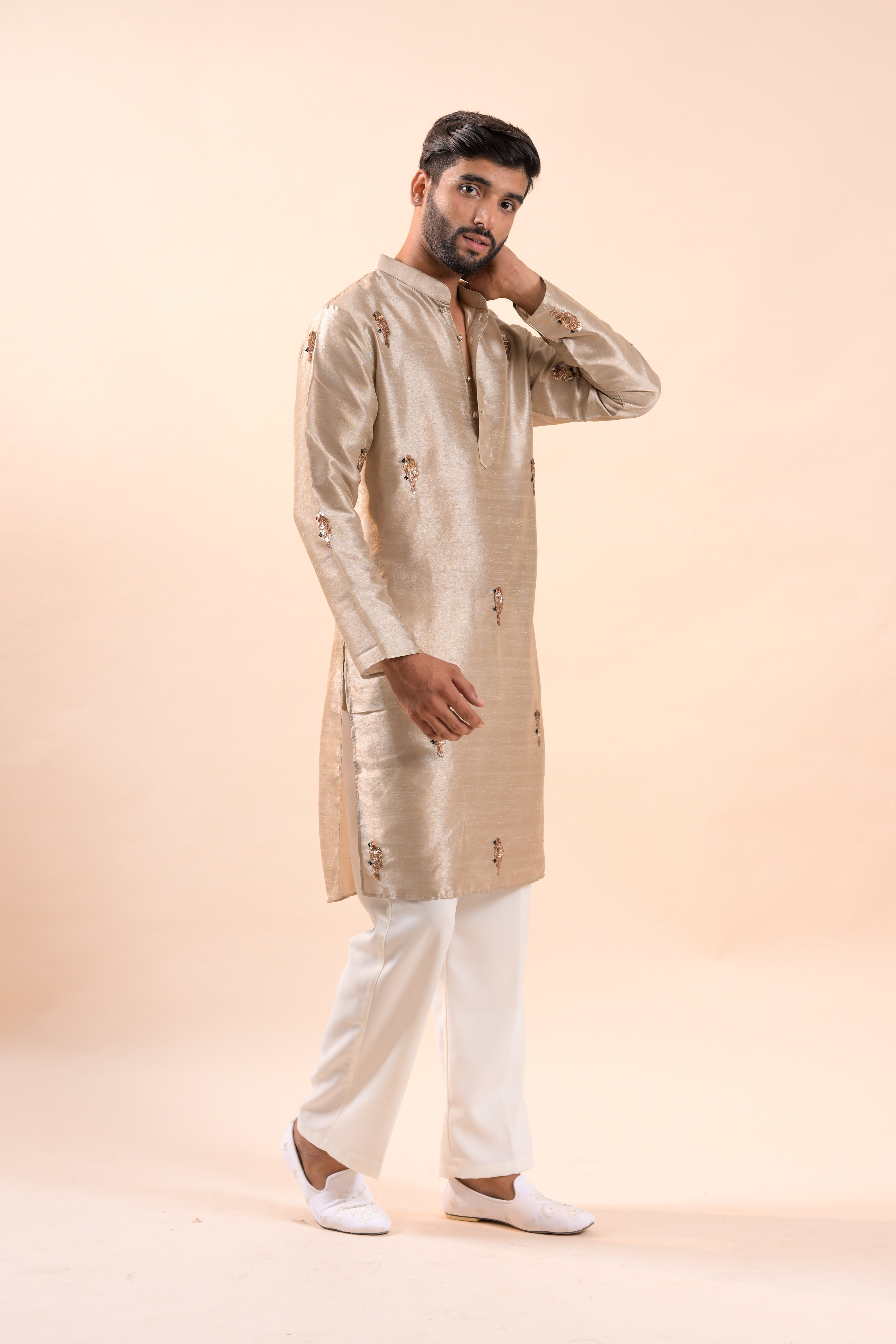 Beige Handwork sequence Mens Kurta & Pants Set | Festive Outfit for men | Groom or Groomsmen outfit