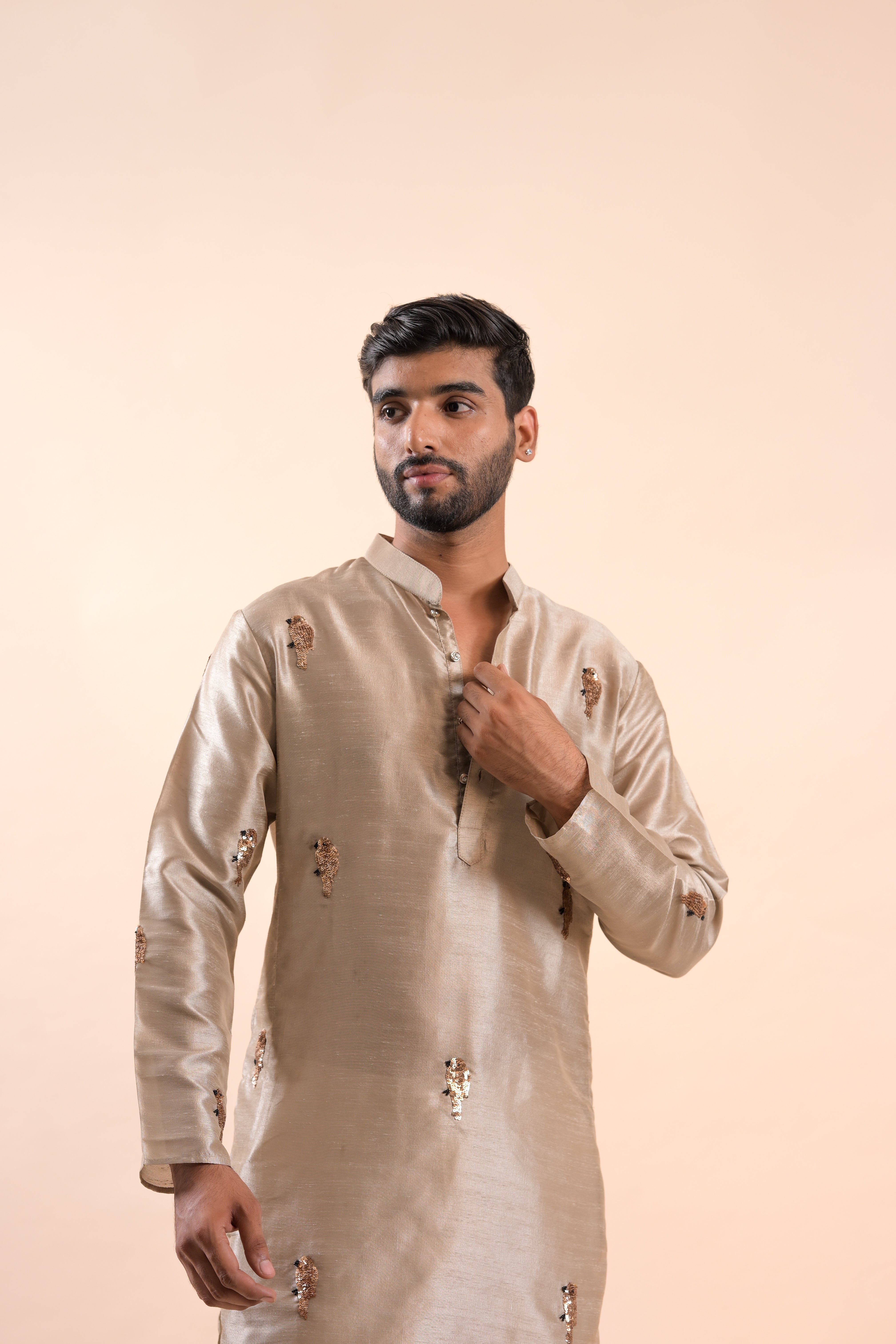 Beige Handwork sequence Mens Kurta & Pants Set | Festive Outfit for men | Groom or Groomsmen outfit