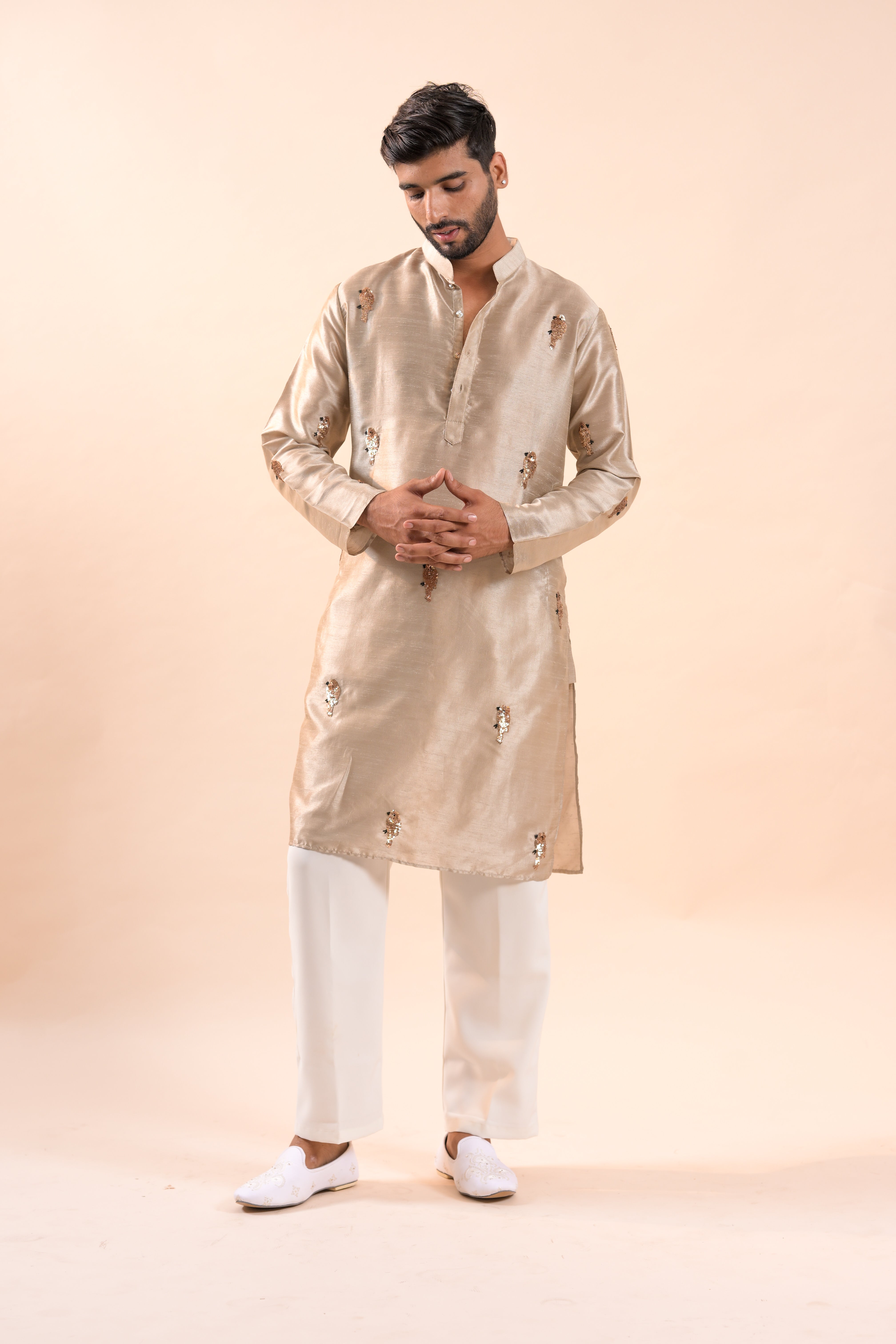 Beige Handwork sequence Mens Kurta & Pants Set | Festive Outfit for men | Groom or Groomsmen outfit