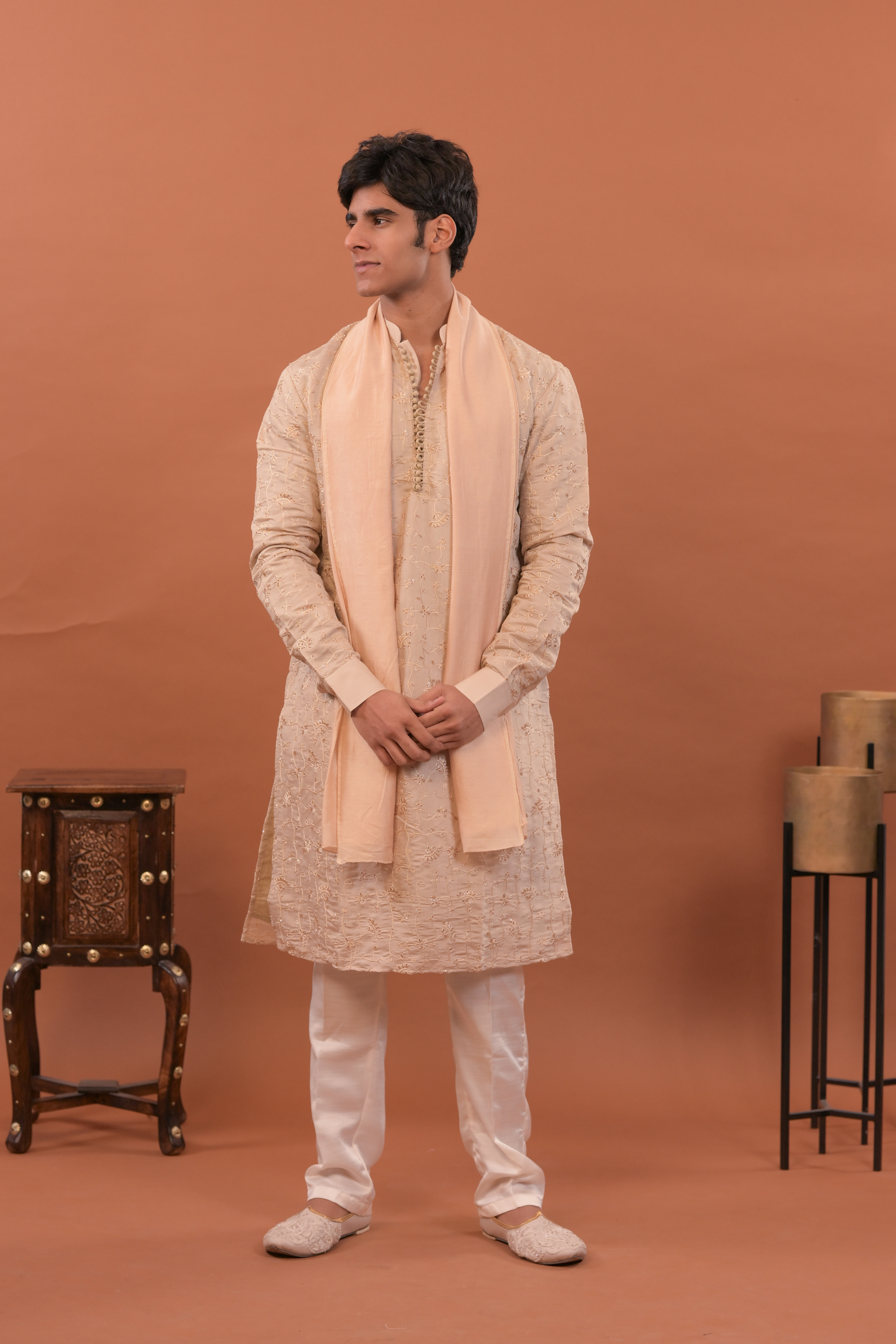 Beige Handwork Mens Kurta & Pants Set | Festive Outfit for men | Groom or Groomsmen outfit