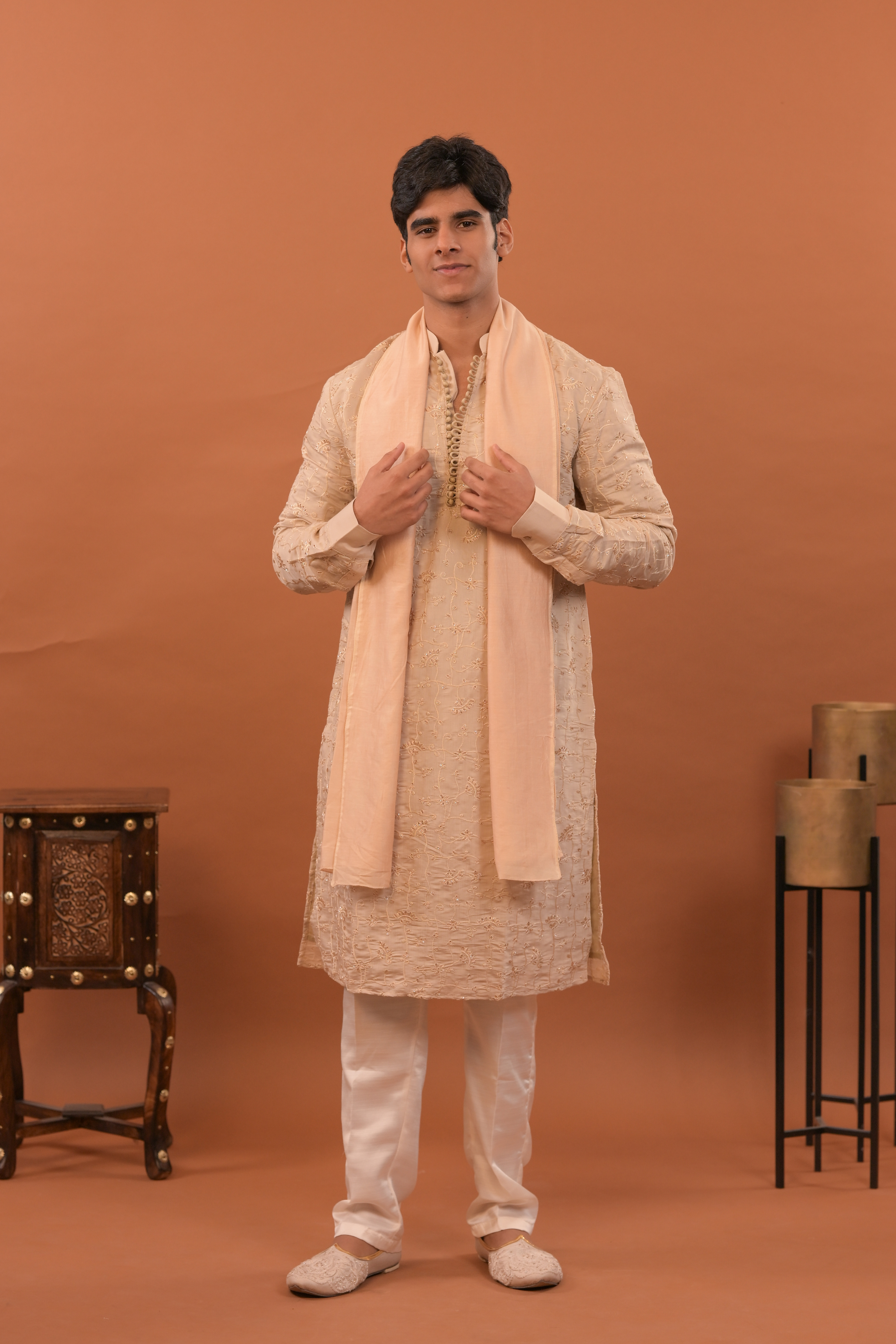 Beige Handwork Mens Kurta & Pants Set | Festive Outfit for men | Groom or Groomsmen outfit