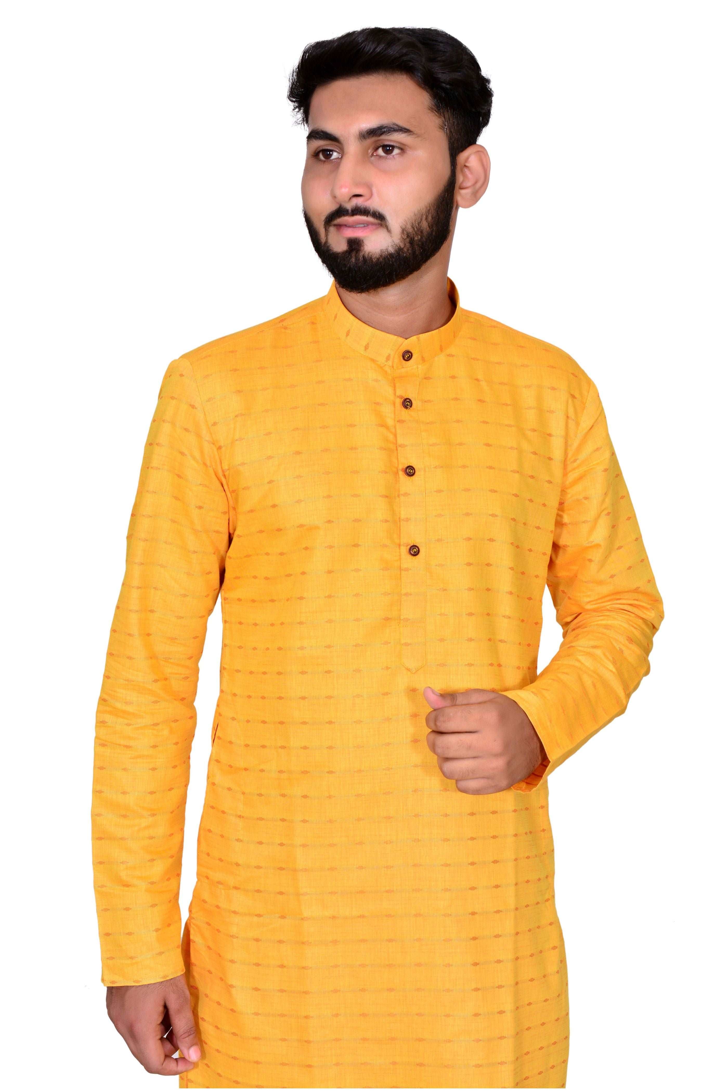 Men's Cotton Linen Kurta & White Churidar Pyjama Set
