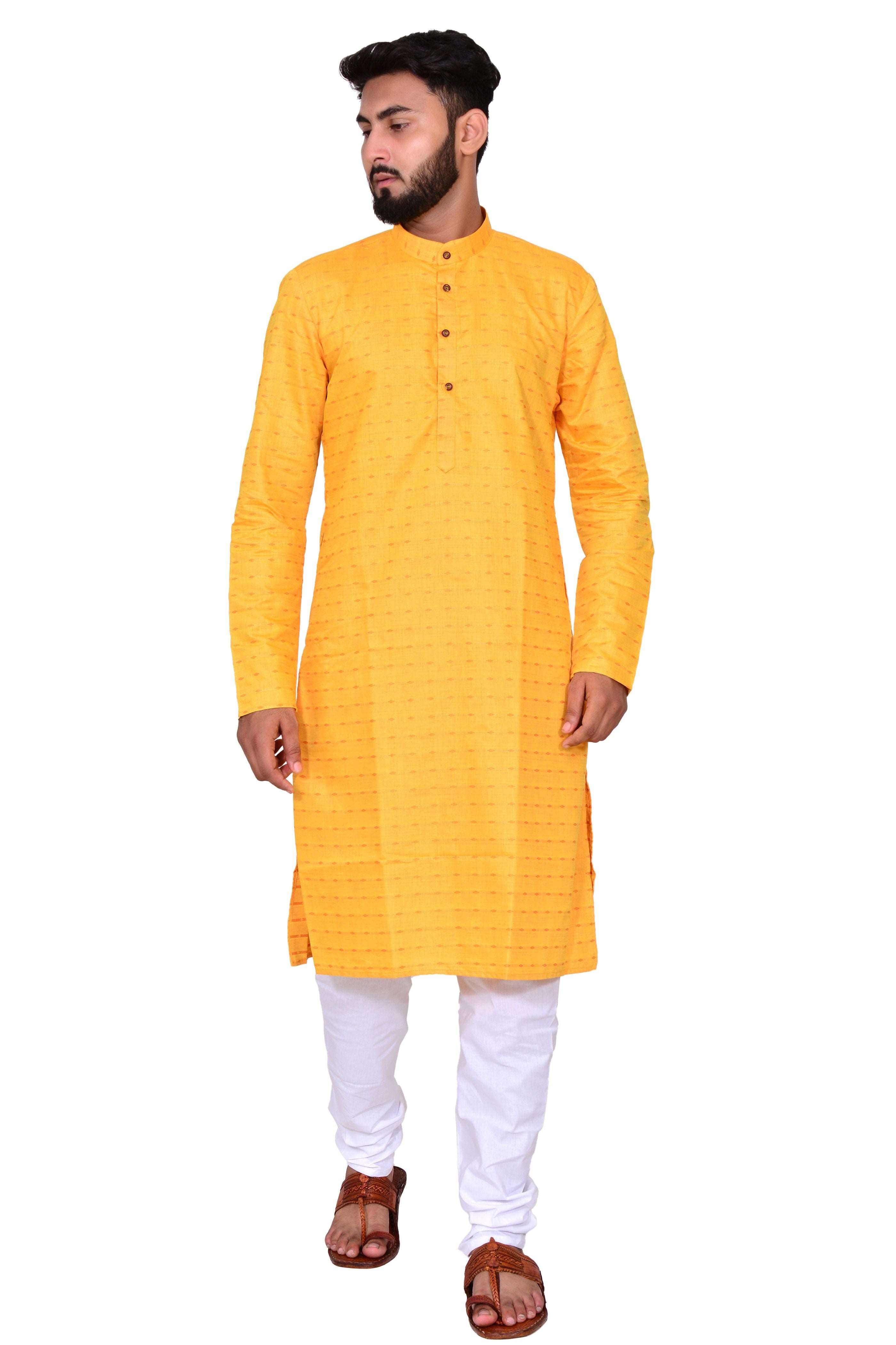 Men's Cotton Linen Kurta & White Churidar Pyjama Set