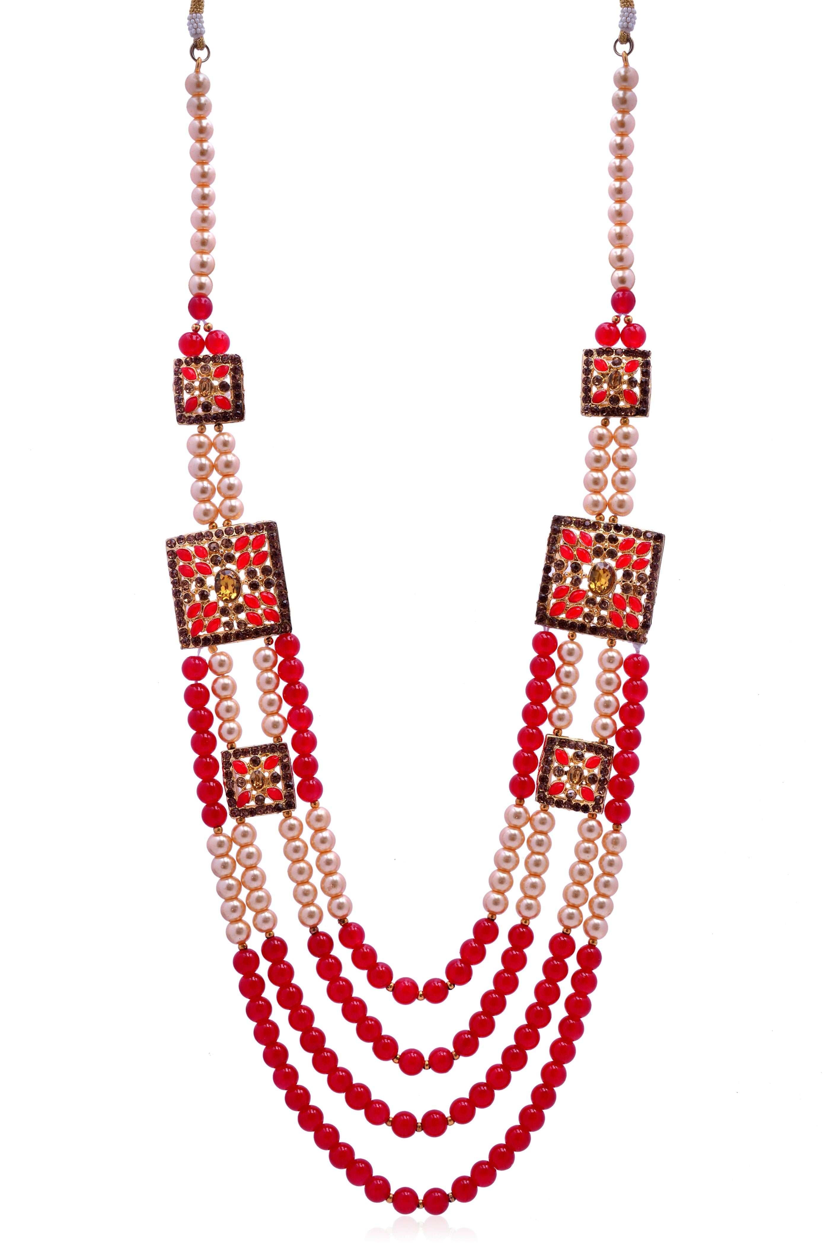Men's Pearls And Red Mala Necklace For Ethnic Look