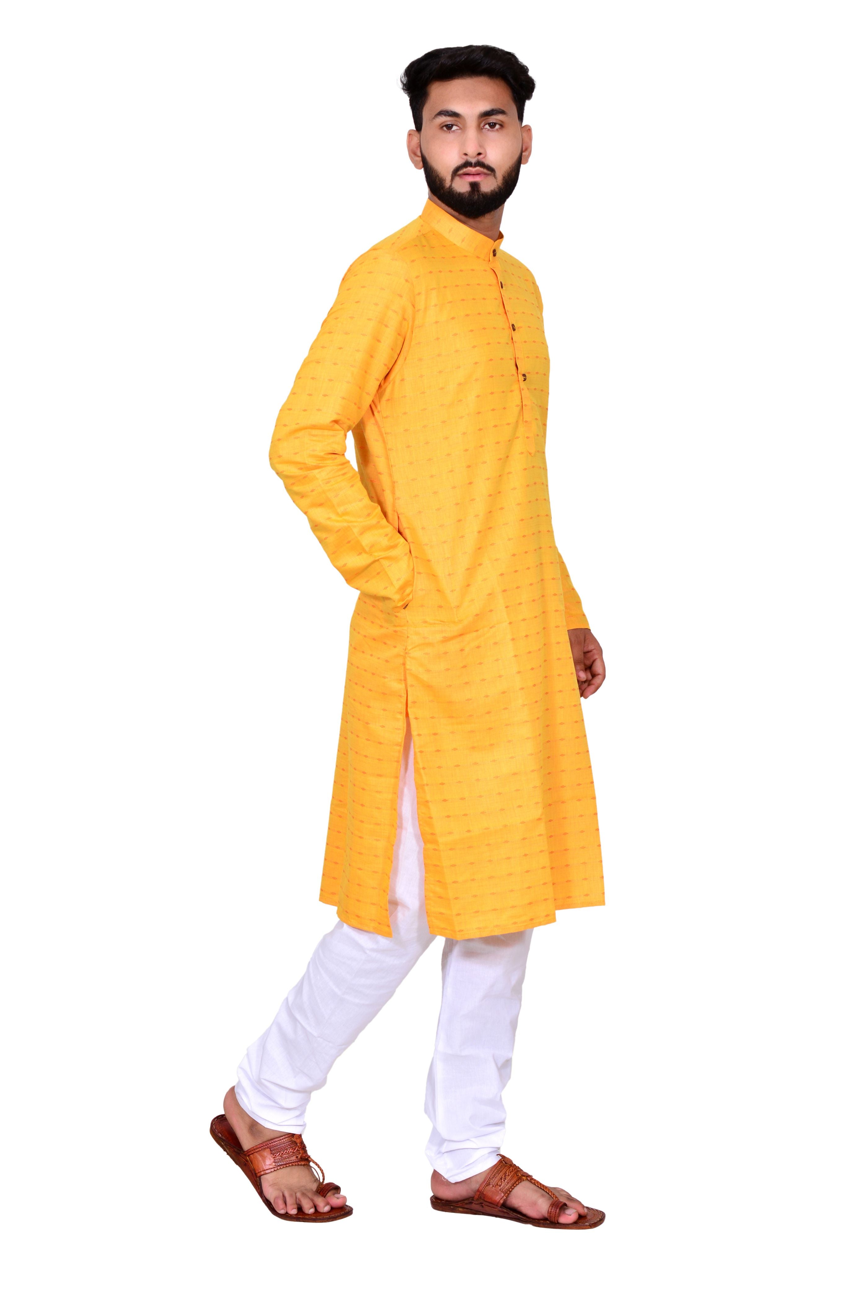 Men's Cotton Linen Kurta & White Churidar Pyjama Set