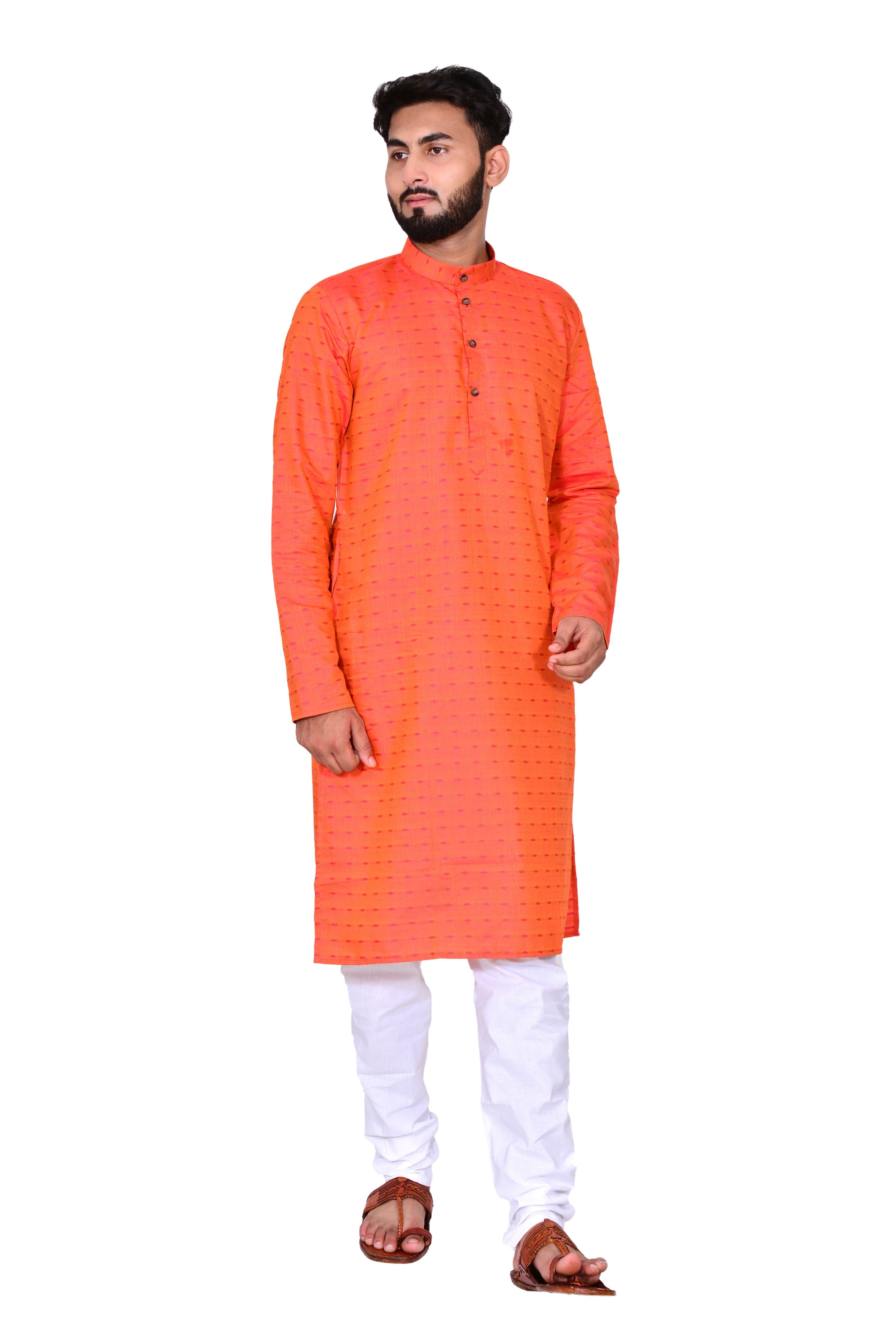 Blue Men's Cotton Linen Kurta & White Churidar Pyjama Set