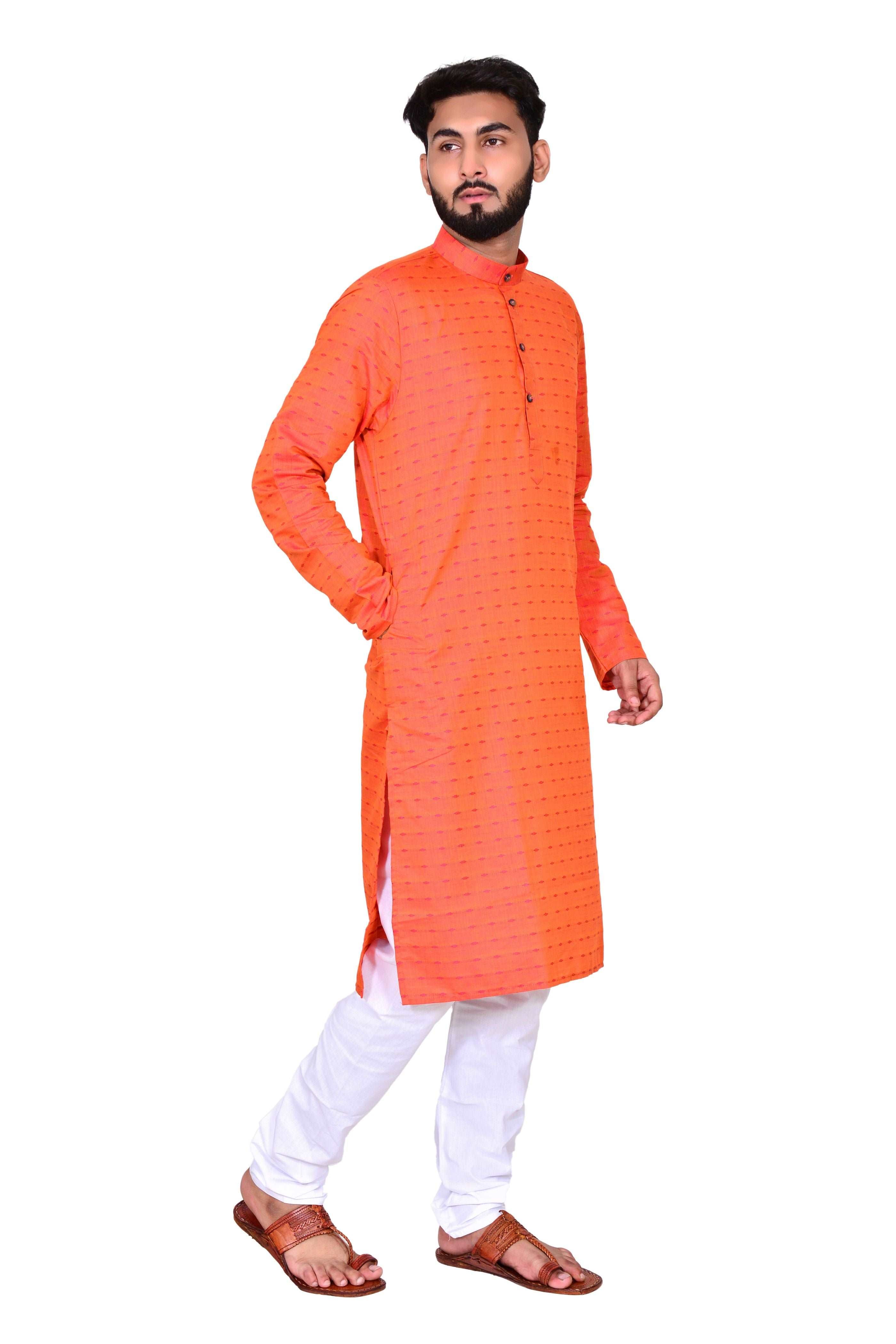 Blue Men's Cotton Linen Kurta & White Churidar Pyjama Set