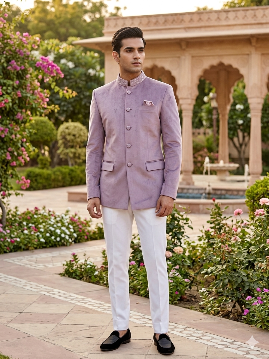 Handmade Lavender Suede Jodhpuri Suit for Men | Luxury Wedding Bandgala Jacket | Designer Indo-Western Groom Wear | Bespoke Lavender Blazer