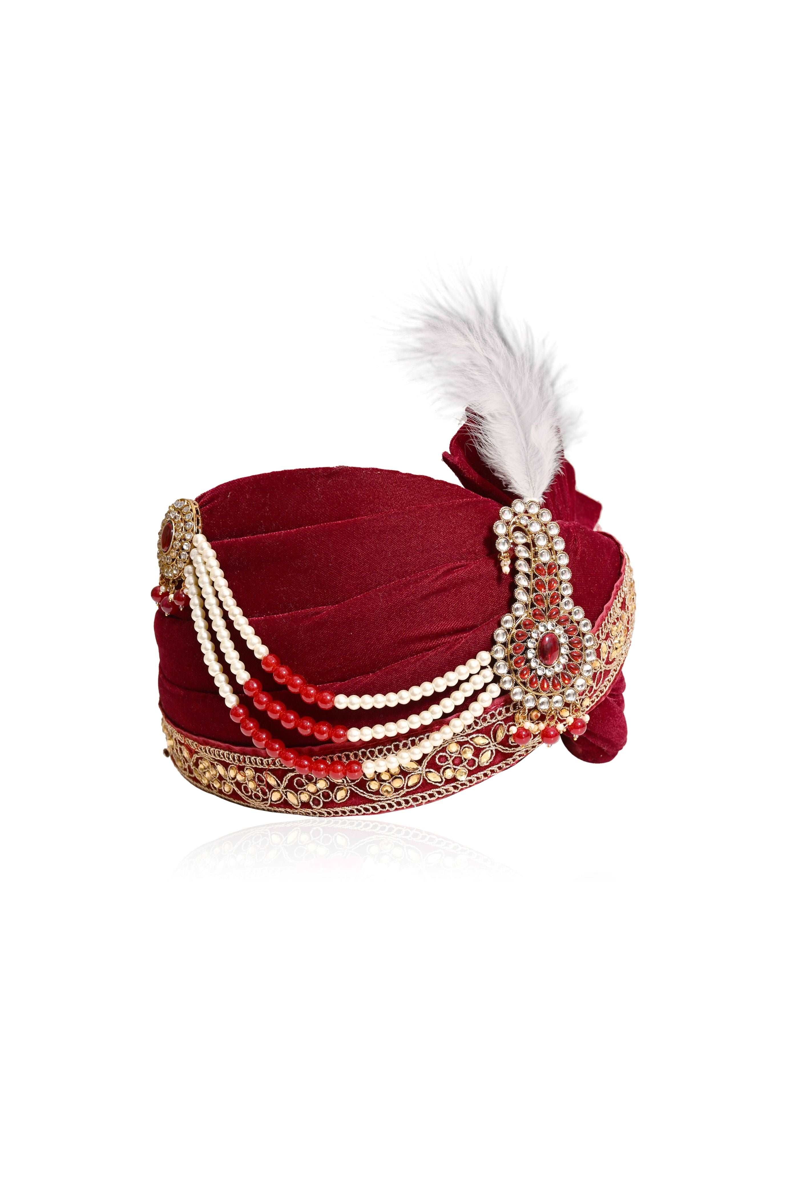 Red Velvet Stitched Handwork Border Safa/turban/pagri/pheta   Pheta (Turban Safa) And Dupatta  For Men For Wedding/marriage And Traditional Function