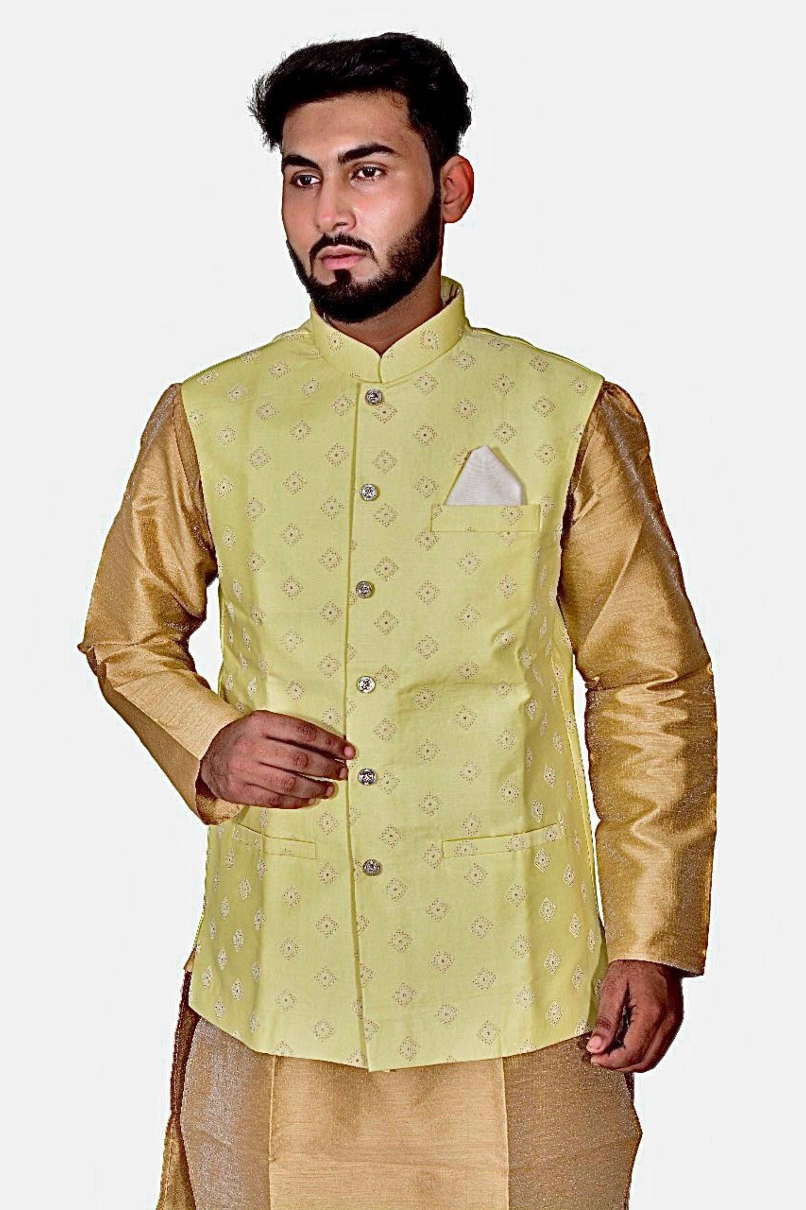 Light Green Glitter Design Nehru Jacket For Men