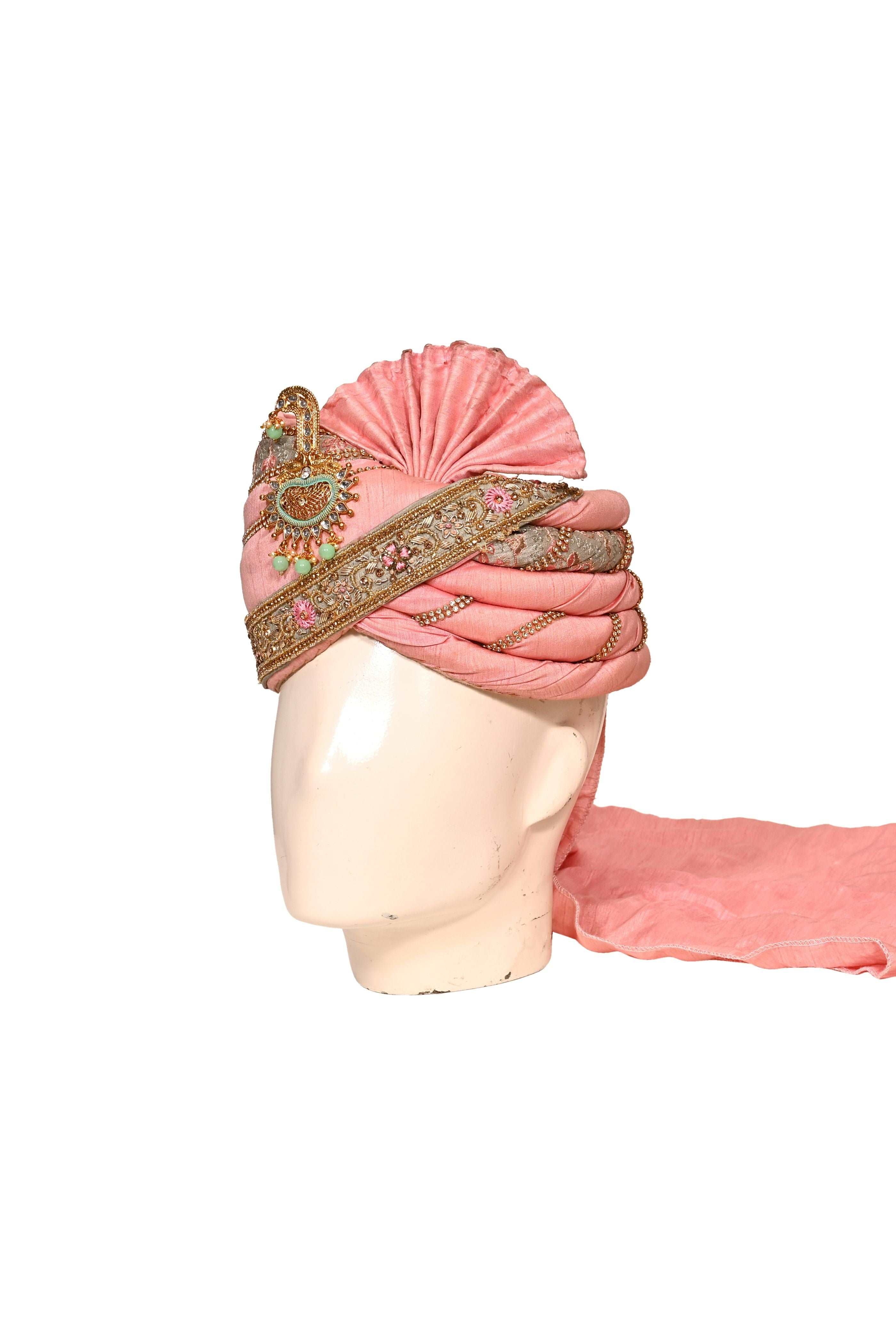 Peach Silk Stitched Handwork Border Safa/turban/pagri/pheta   Pheta (Turban Safa) And Dupatta For Men For Wedding/marriage And Traditional Function