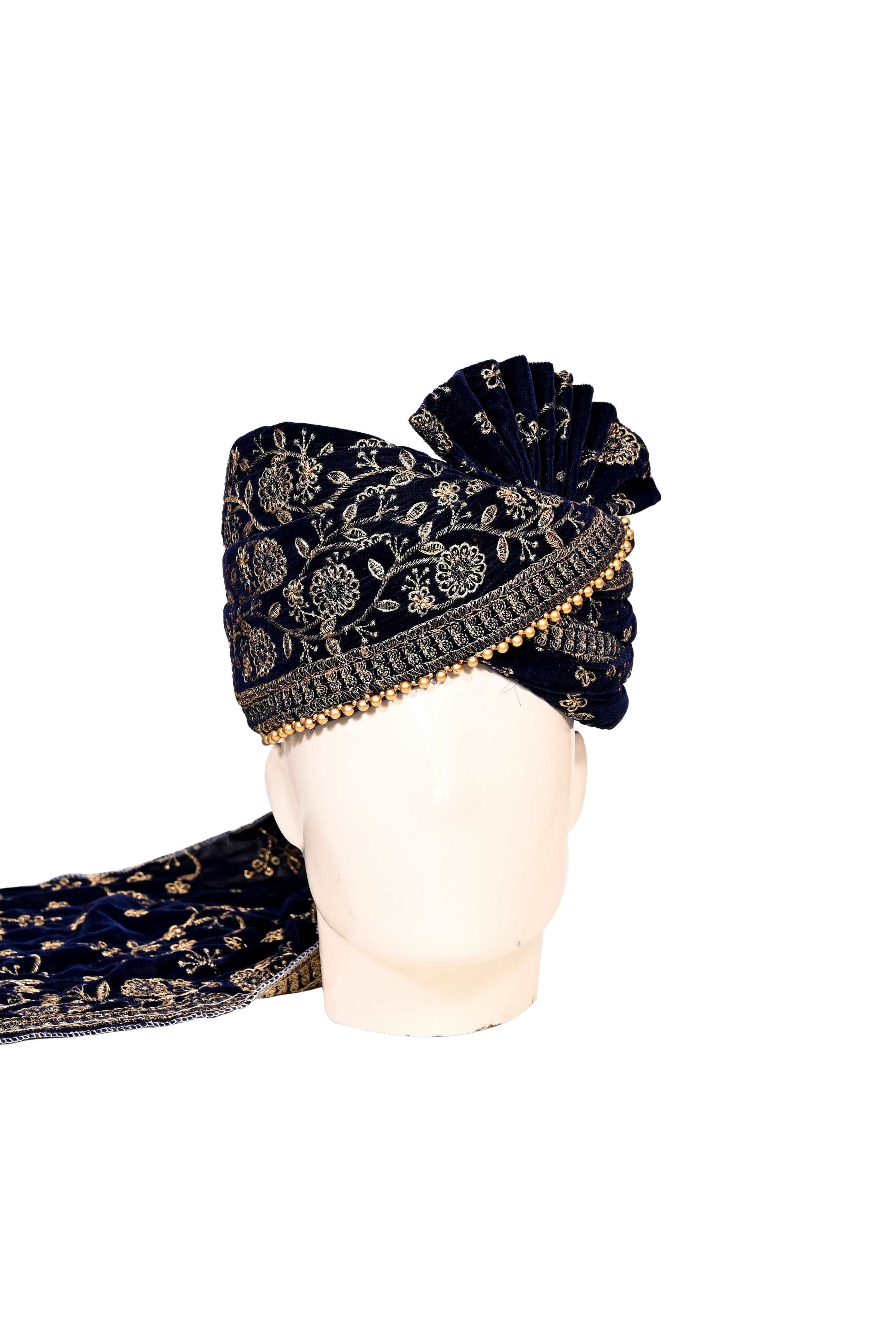 Blue Velvet Stitched Handwork Border Safa/turban/pagri/pheta   Pheta (Turban Safa) And Dupatta  For Men For Wedding/marriage And Traditional Function