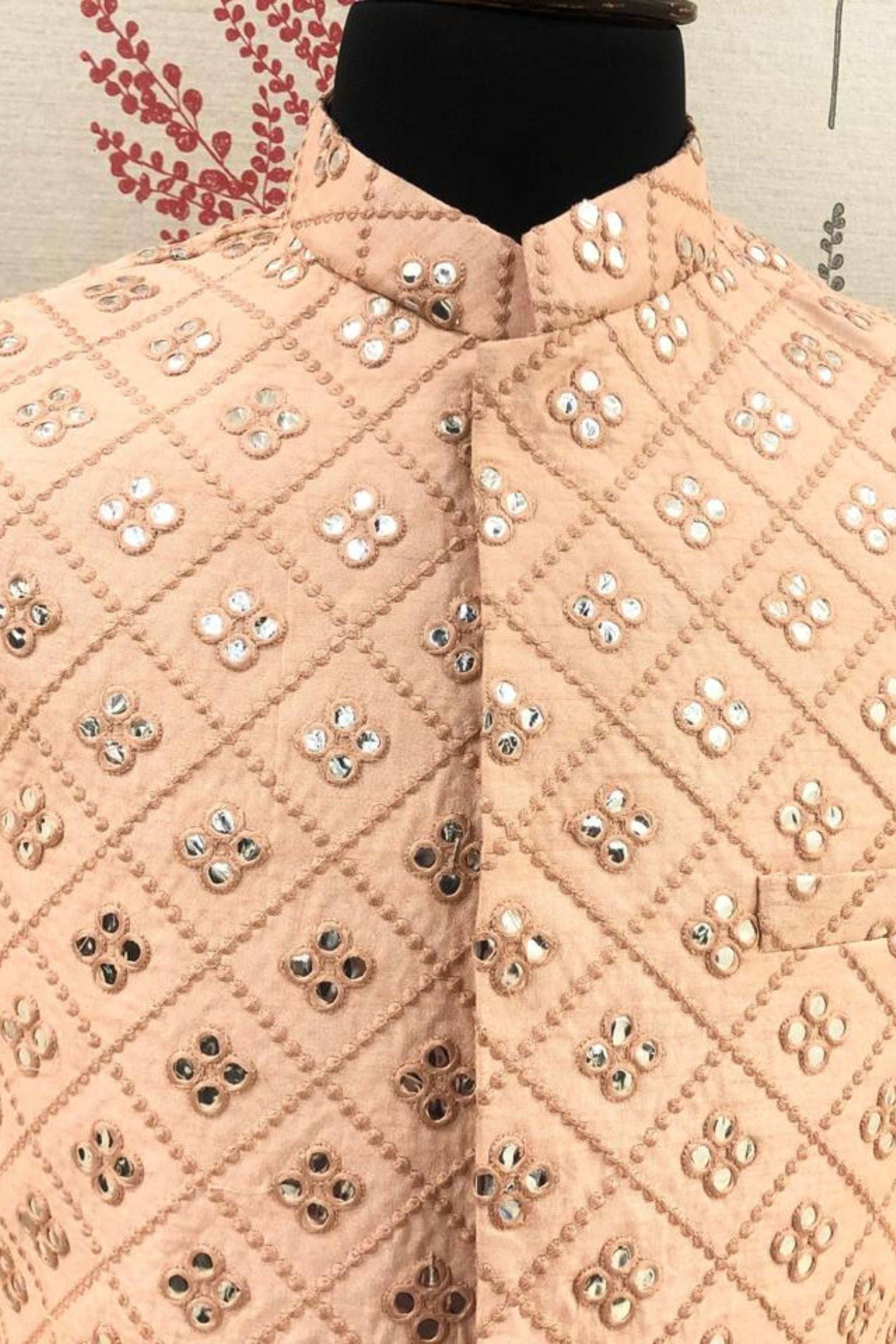 Peach Mirror Work Nehru Jacket For Men