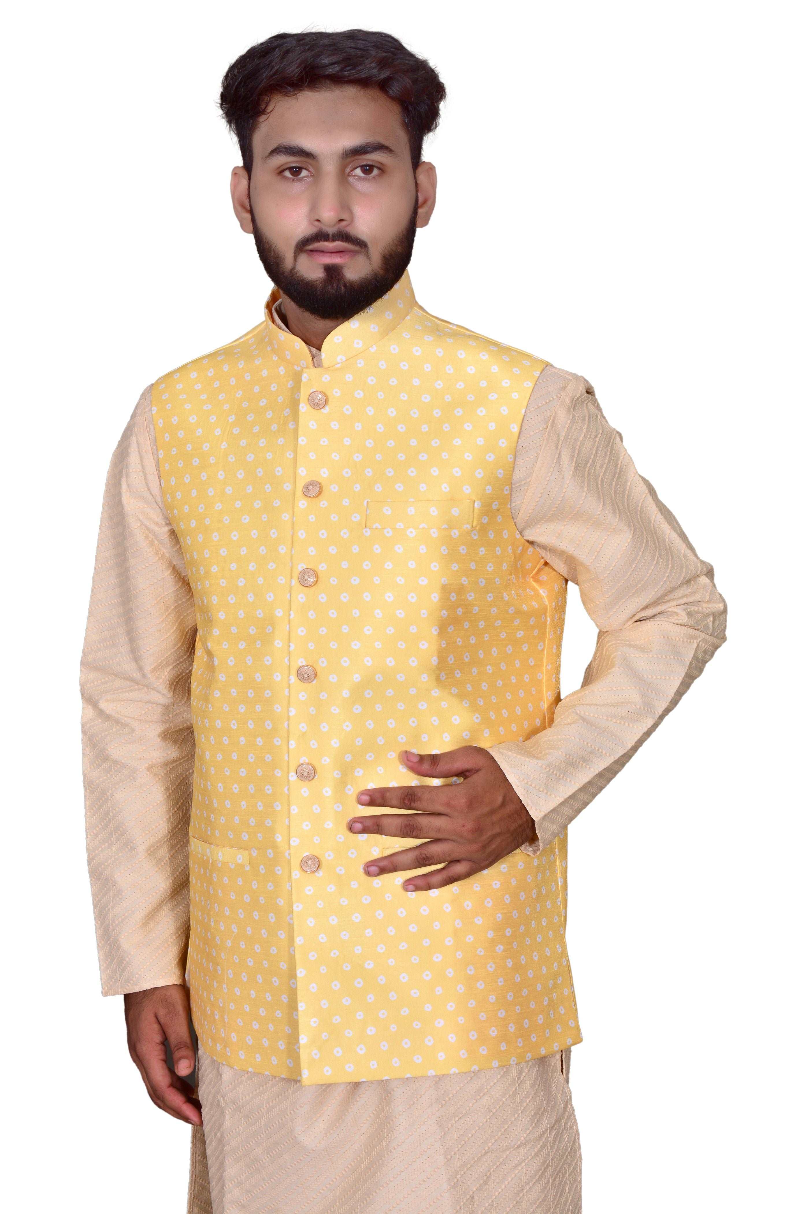 Mens Yellow Bhandej Silk Lightweight  Nehru Jacket