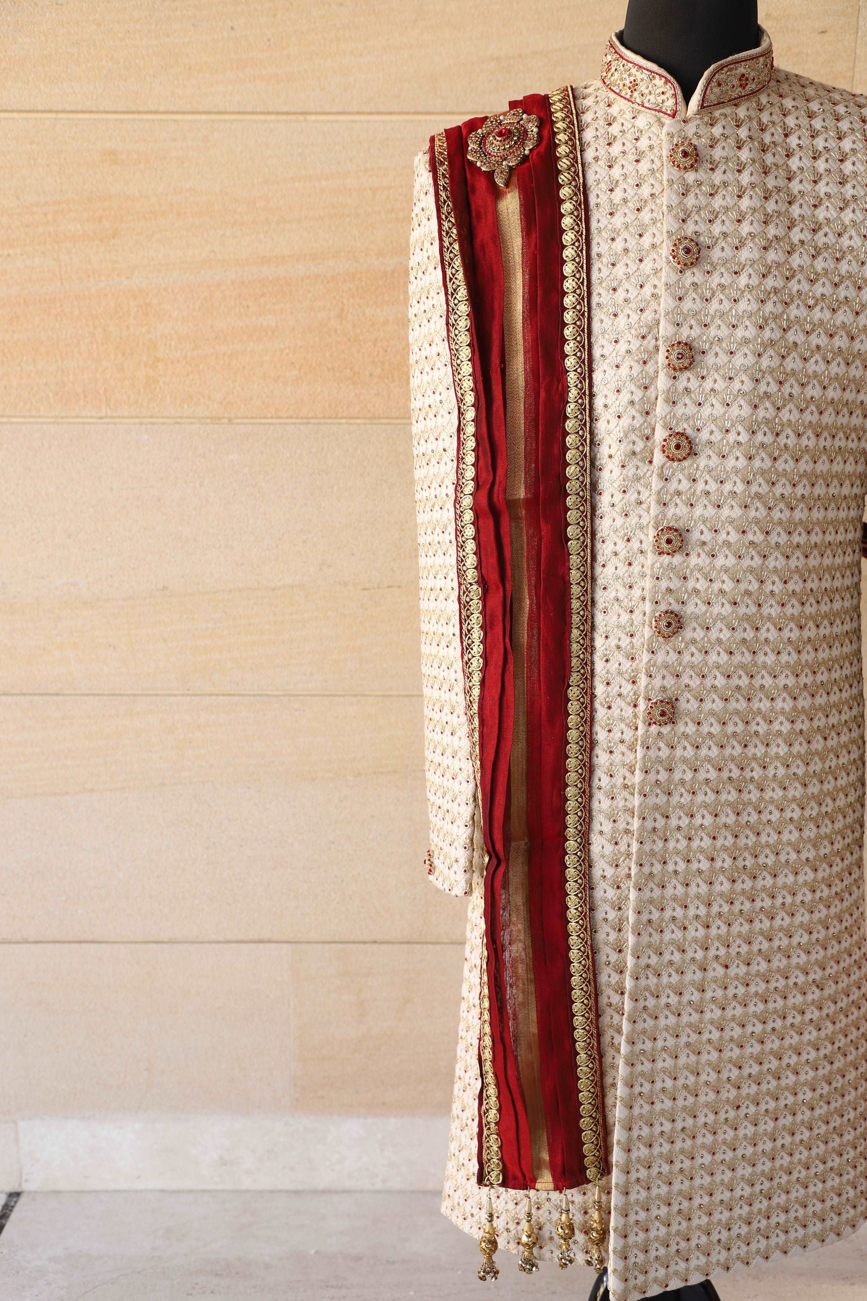 Red Golden With Broach Handwork Stole