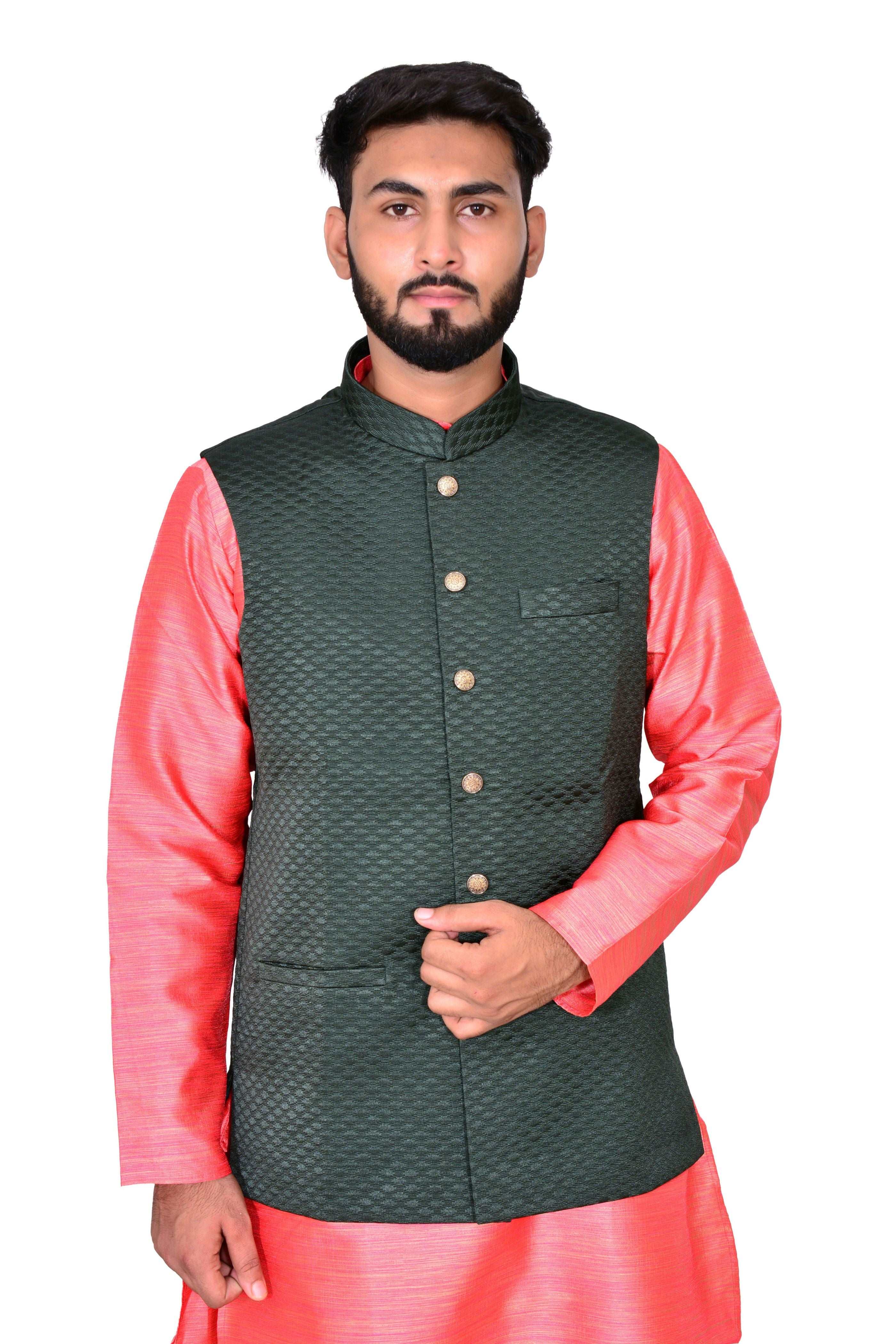 Quilted Green Nehru Jacket For Men