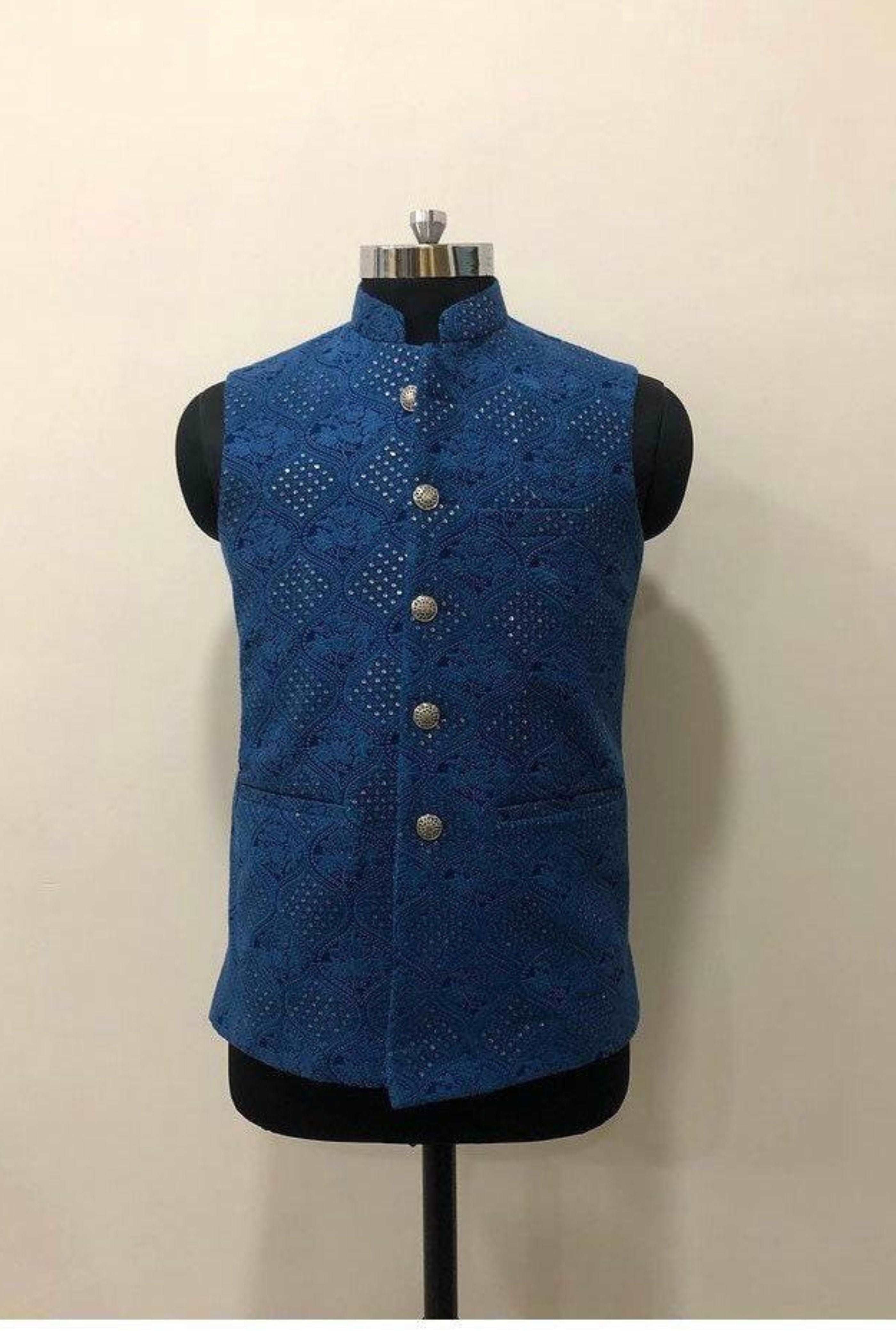 Chikankari Thread Blue  Nehru Jacket For Men