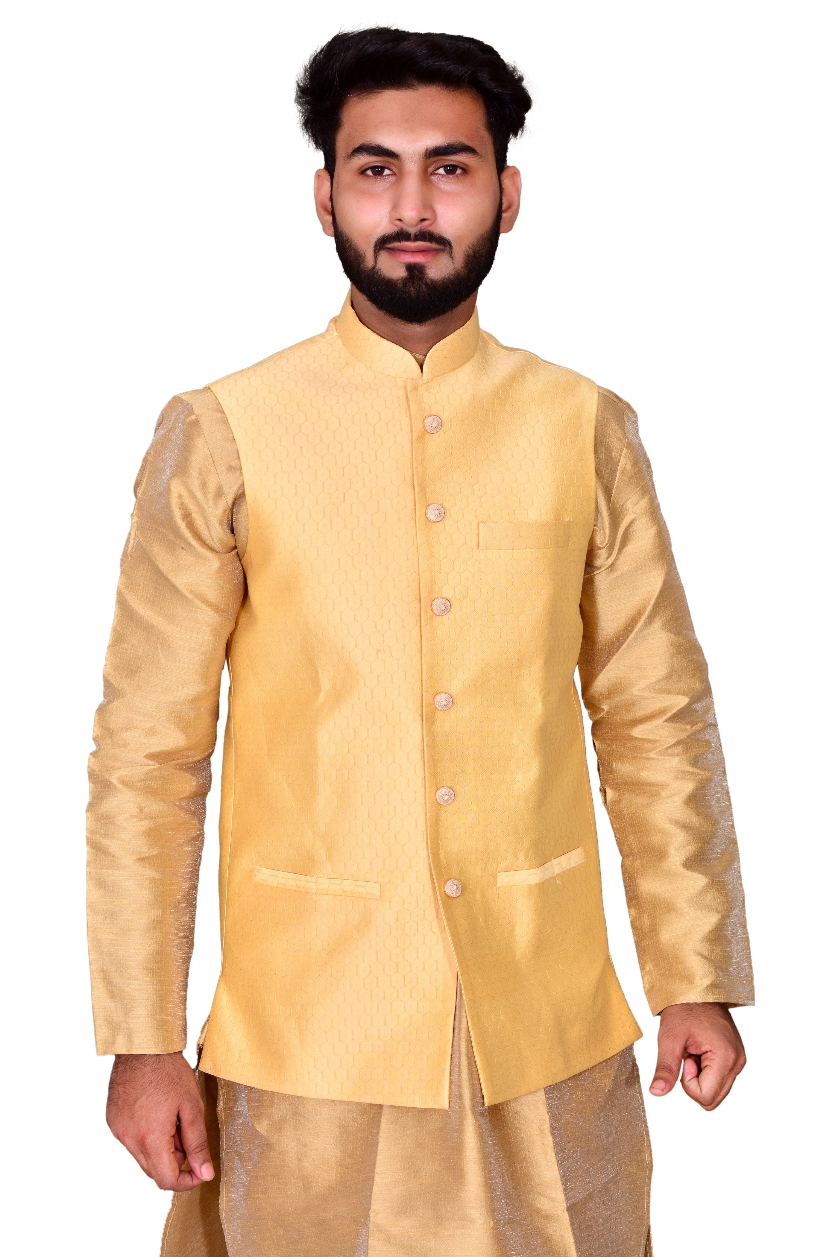 Yellow Cotton Silk Self Design Nehru Jacket For Men