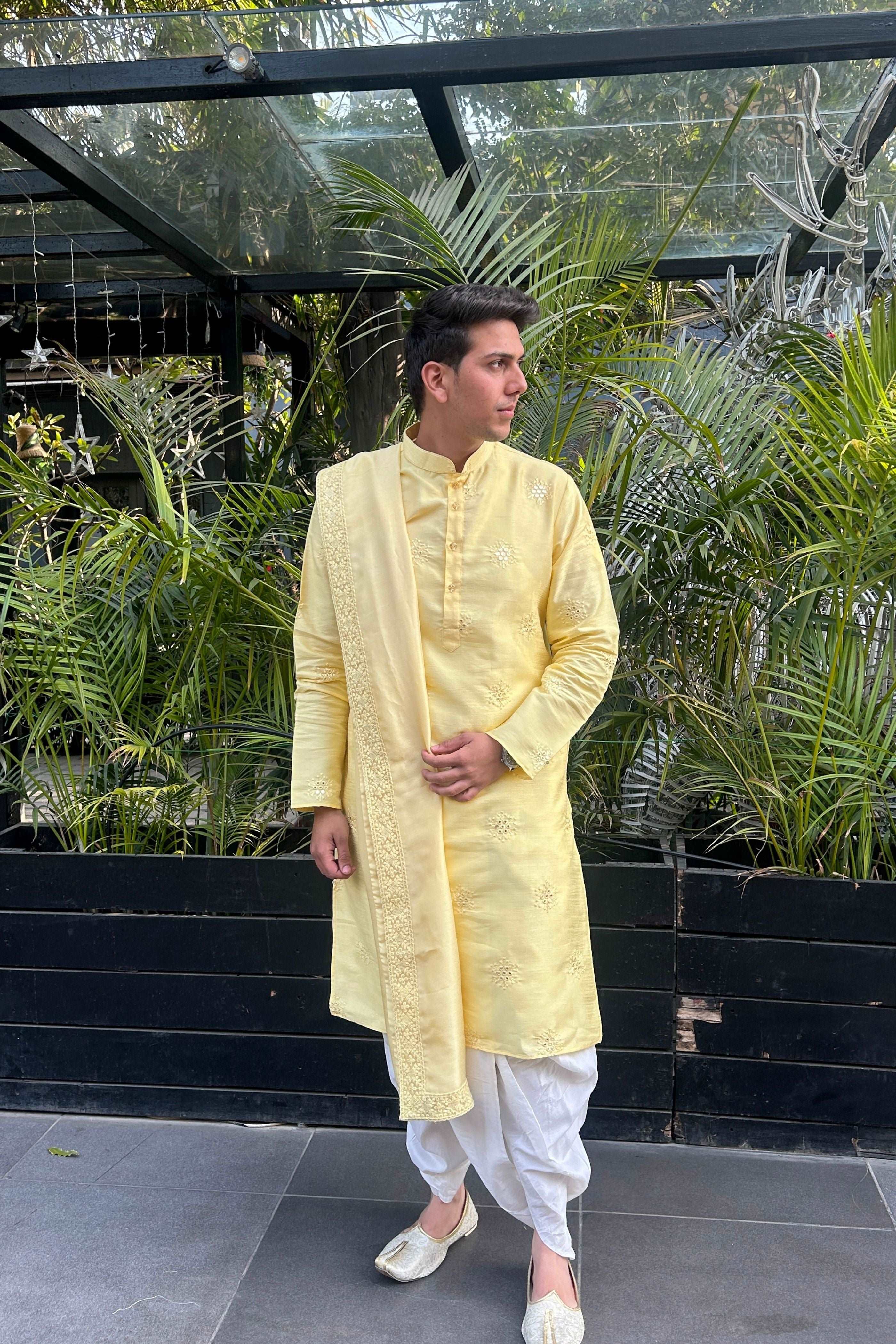 Men's Handwork Silk Mirror Kurta & Dhoti & Dupatta Churidar Pyjama Set