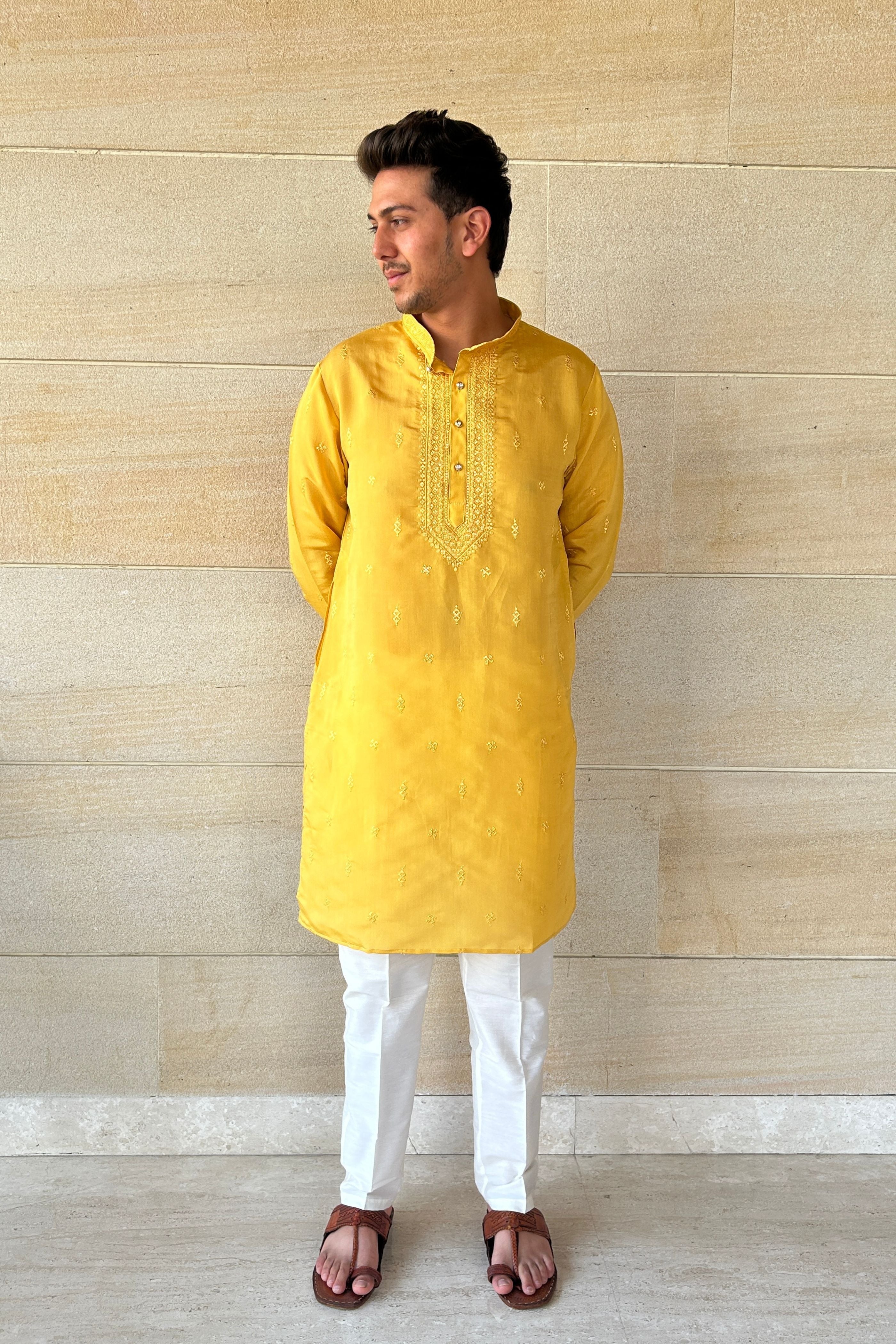 Yellow Sequence Handwork Thread Mens Kurta & Pants Set