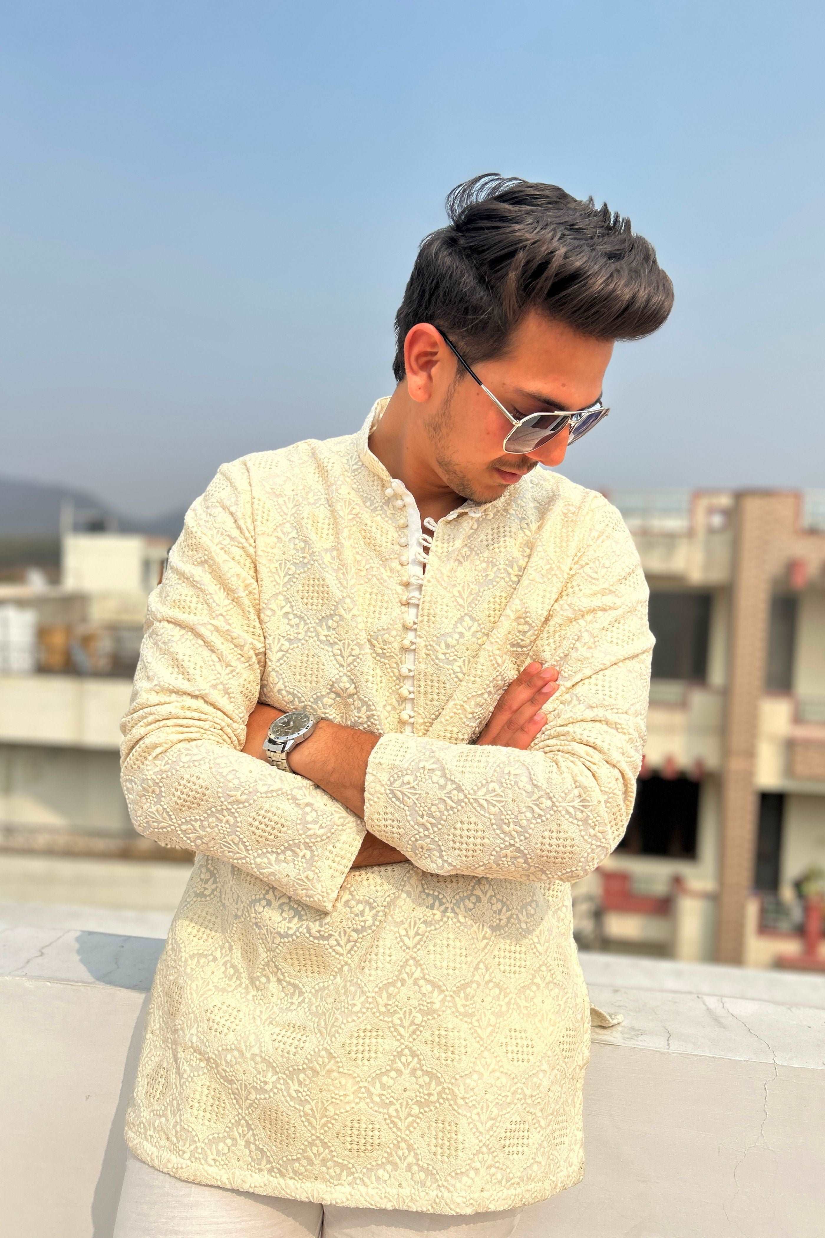 White Short Chikankari Kurta For Mens