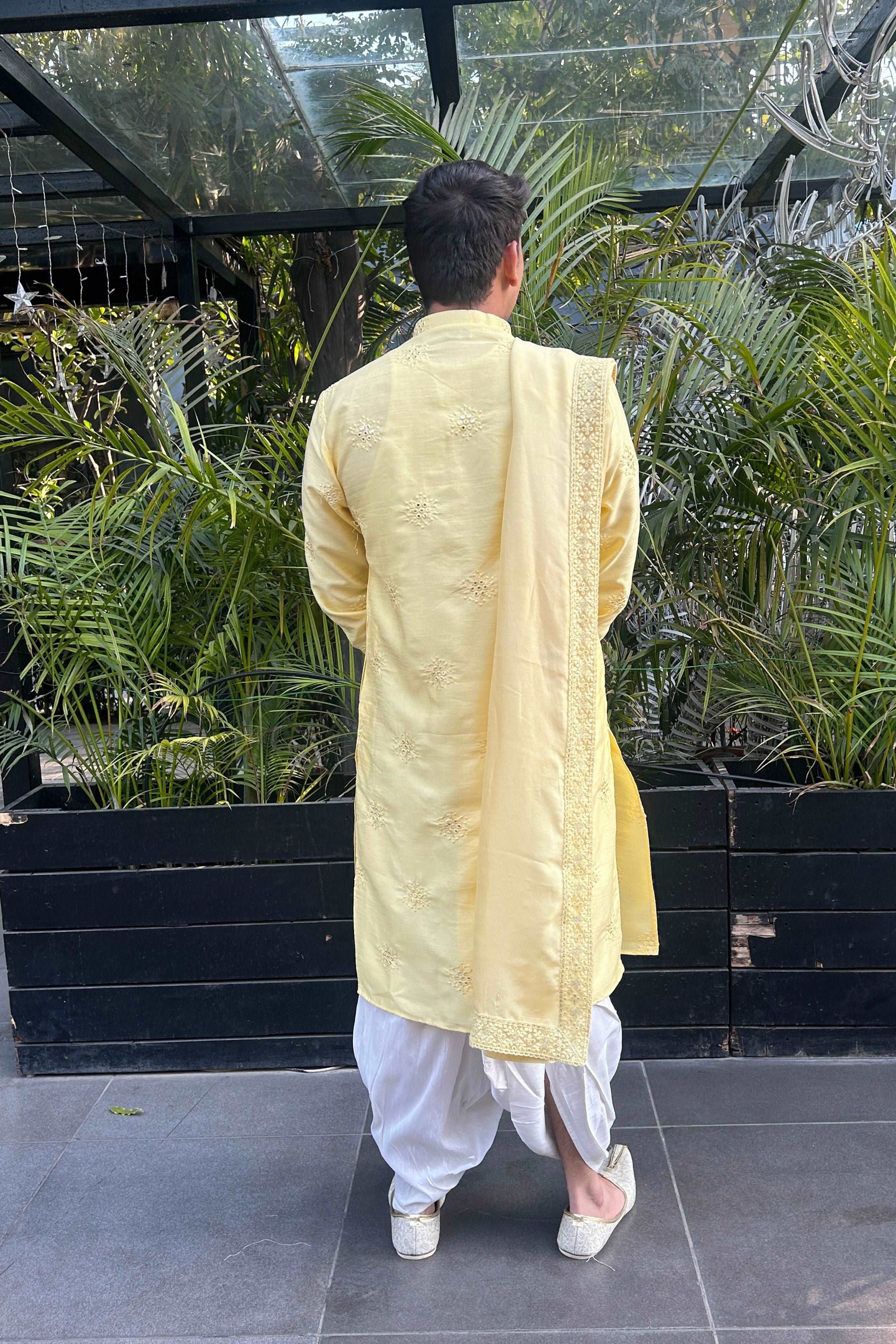 Men's Handwork Silk Mirror Kurta & Dhoti & Dupatta Churidar Pyjama Set