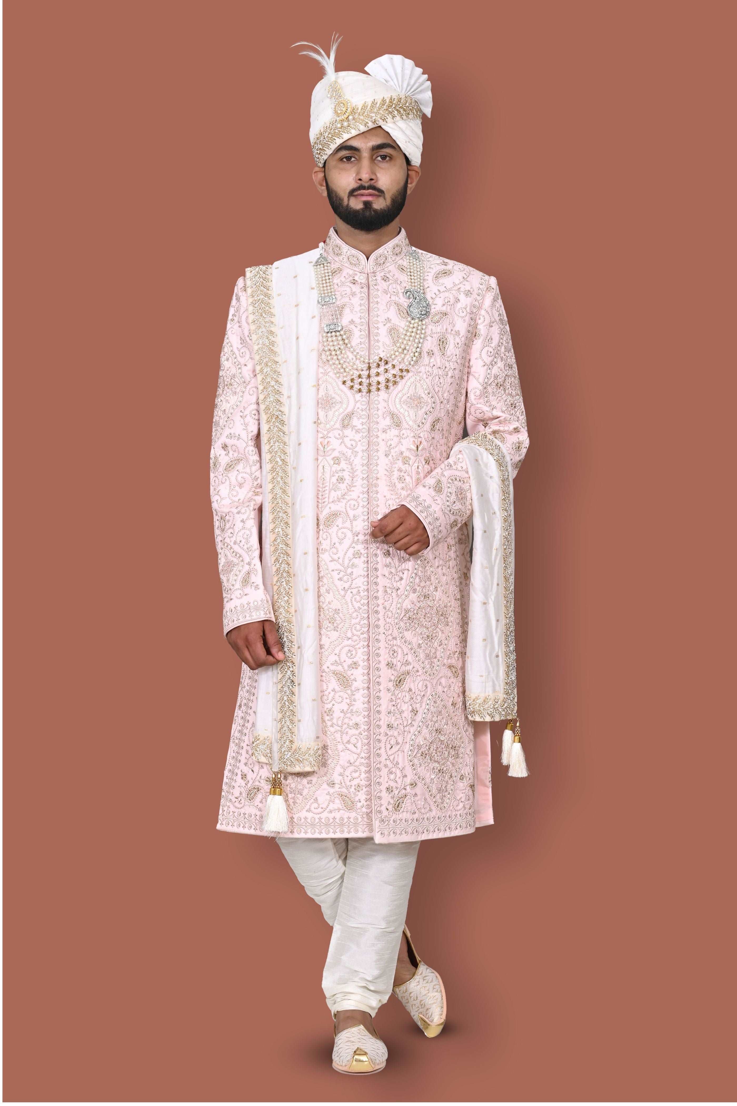 Light Pink Sherwani With Handwork And Zari Embroidery