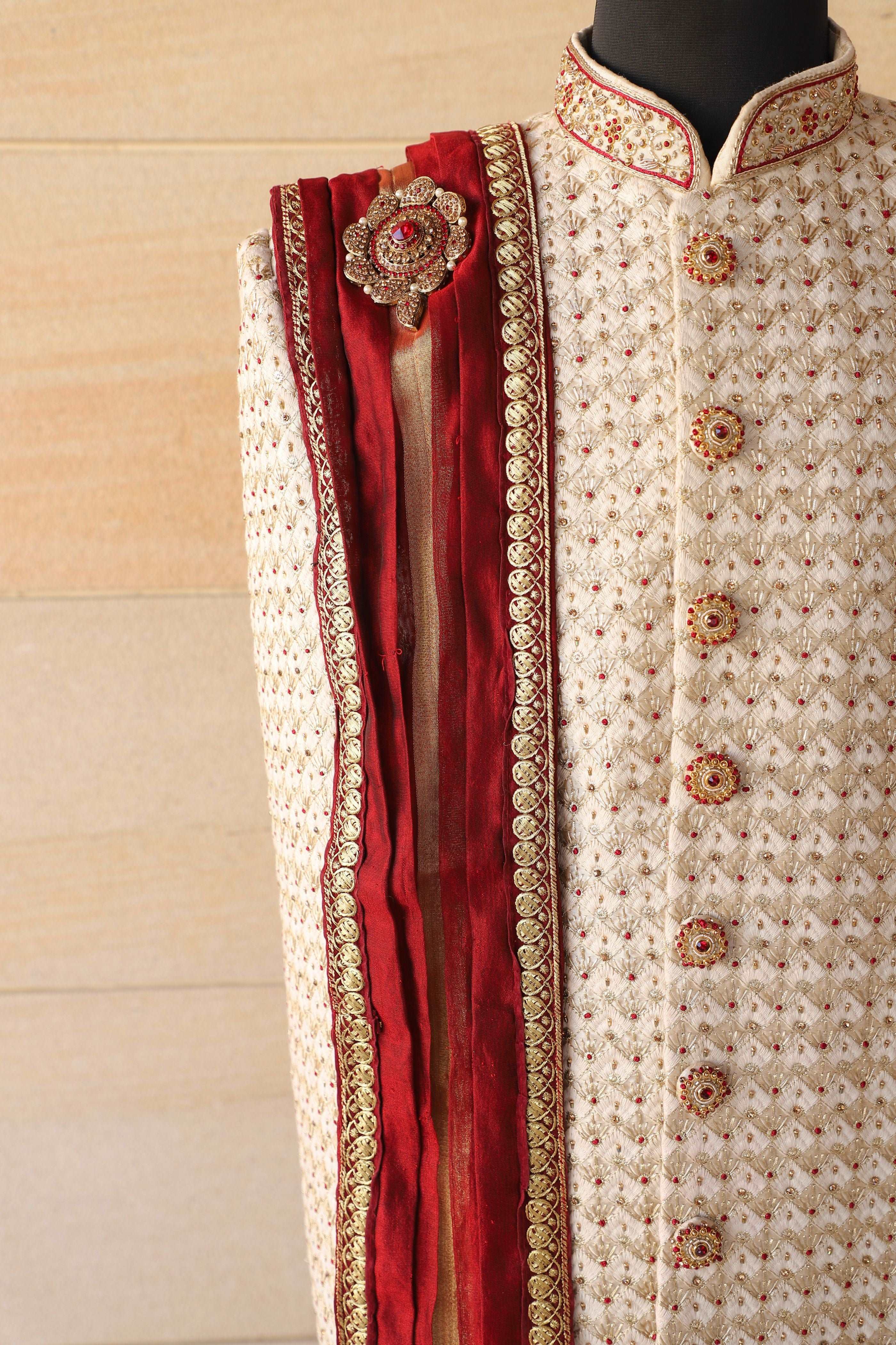 Red Golden With Broach Handwork Stole