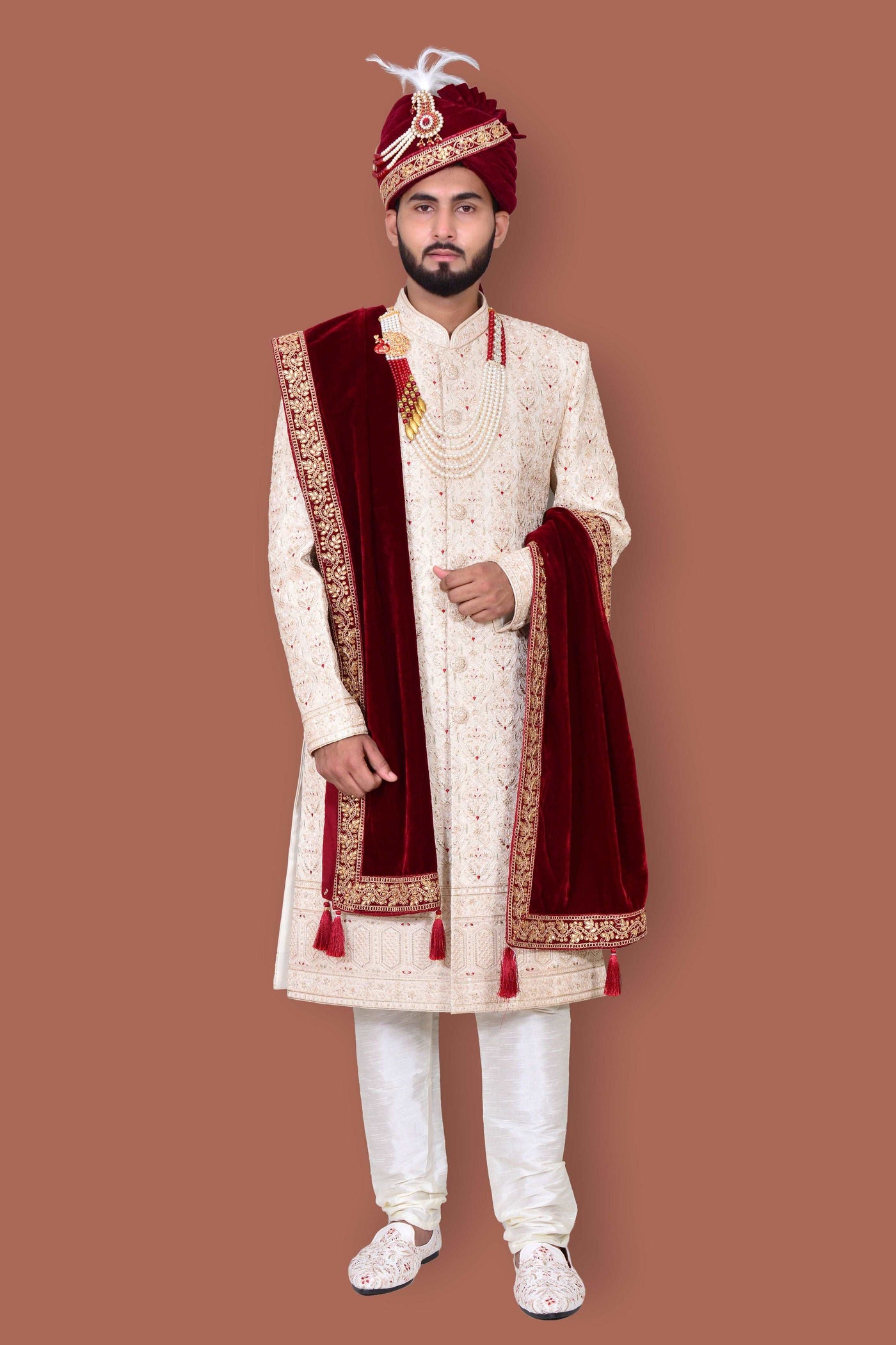 Red Velvet Stole (Dupatta) For Traditional Men's Wear (Sherwani