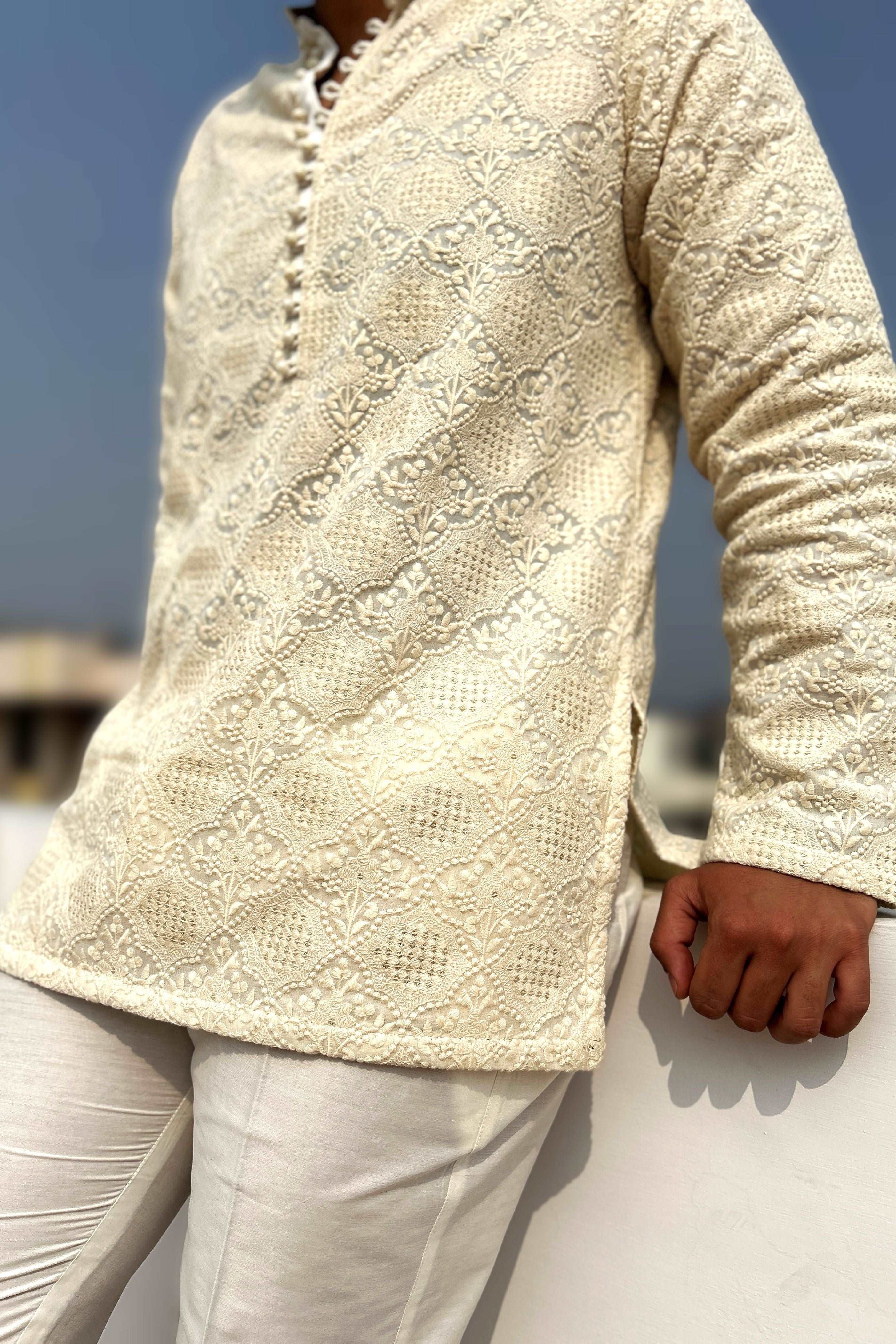 White Short Chikankari Kurta For Mens