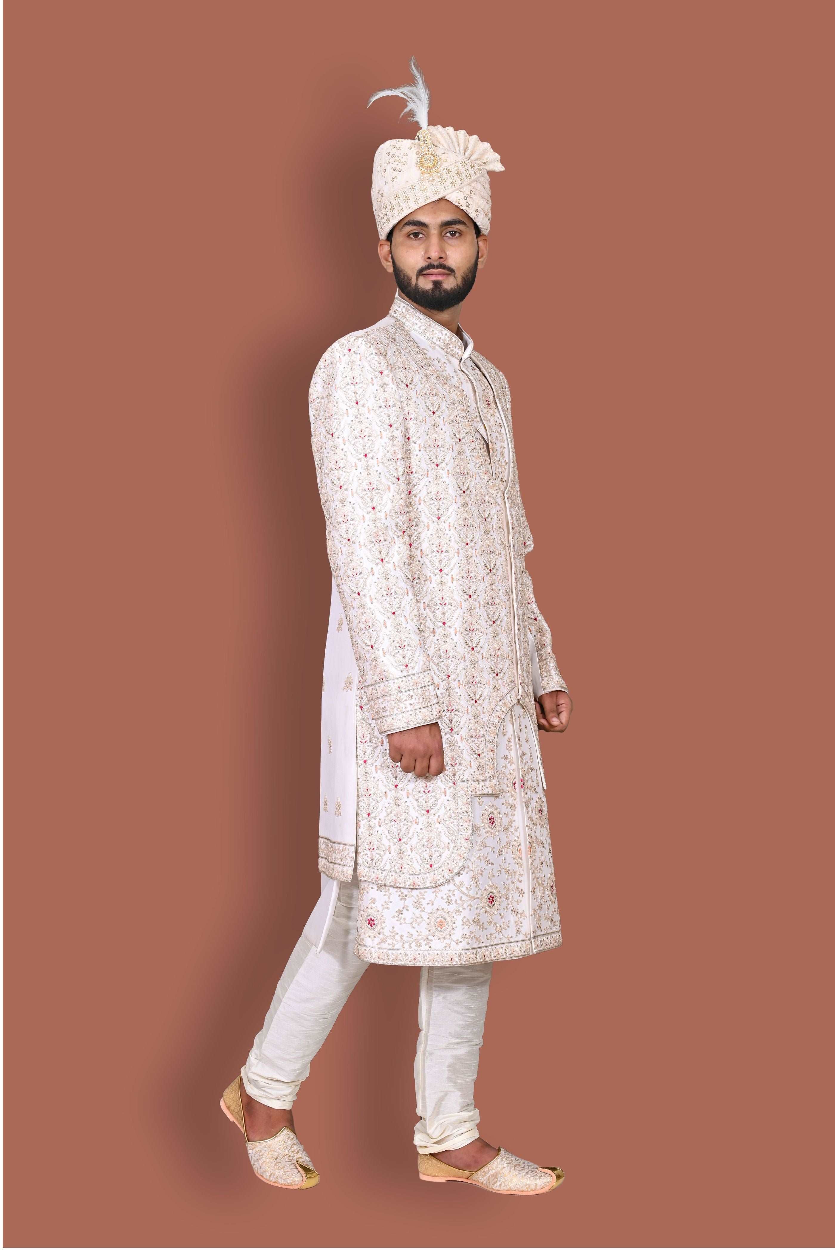 Cream Geometric Patterned Achkan Style Sherwani Set