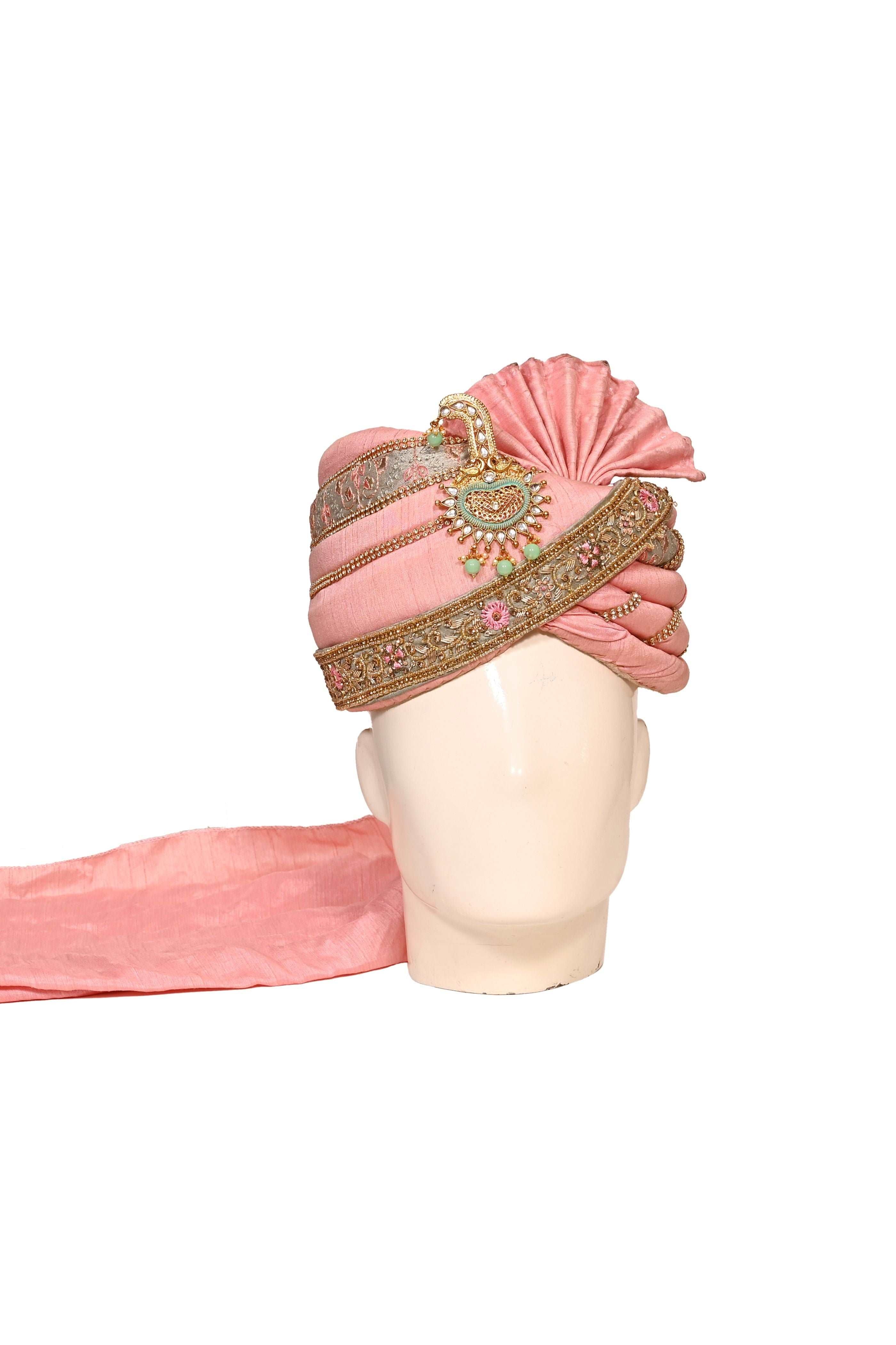 Peach Silk Stitched Handwork Border Safa/turban/pagri/pheta   Pheta (Turban Safa) And Dupatta For Men For Wedding/marriage And Traditional Function