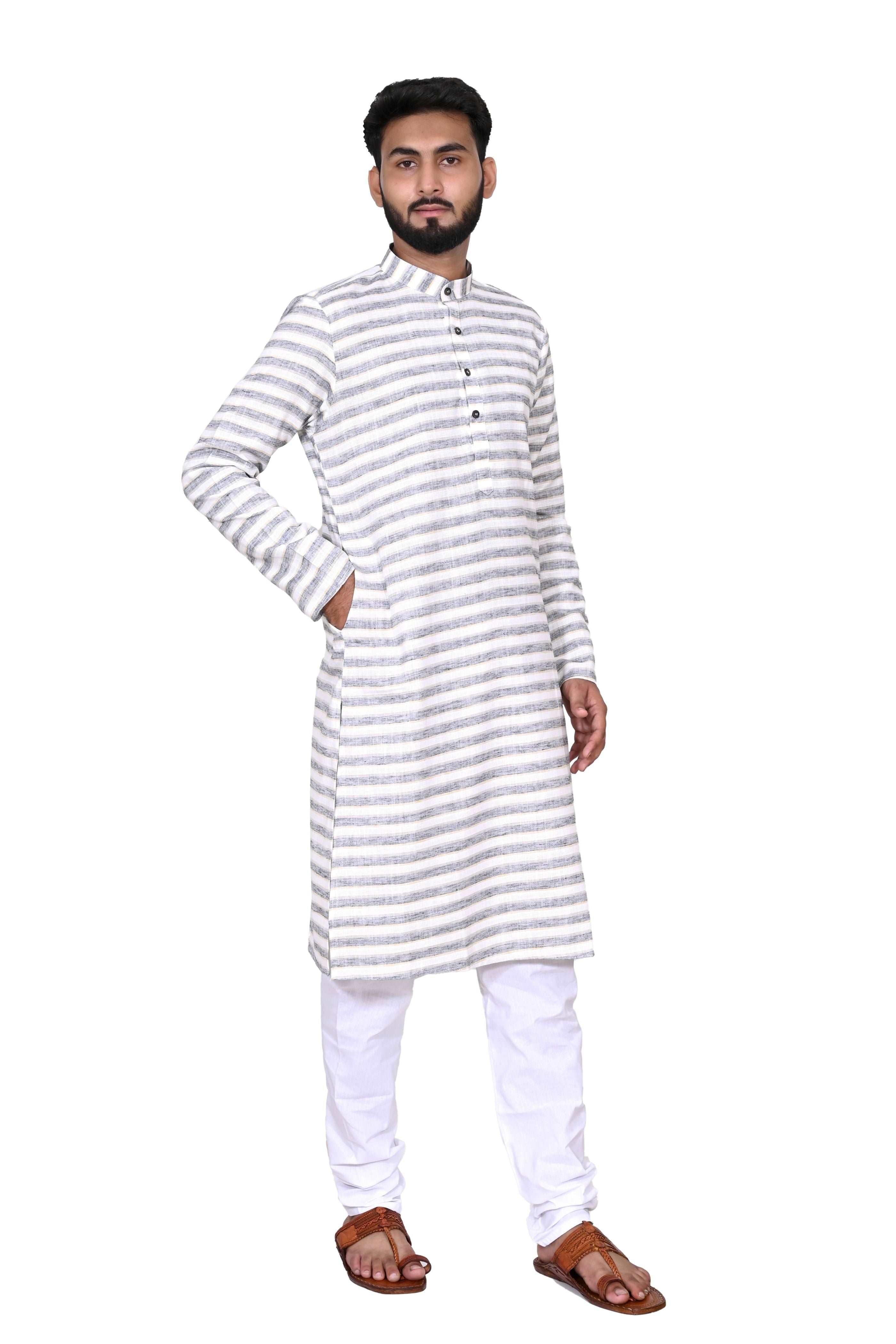 Men's Cotton Linen Kurta & White Churidar Pyjama Set