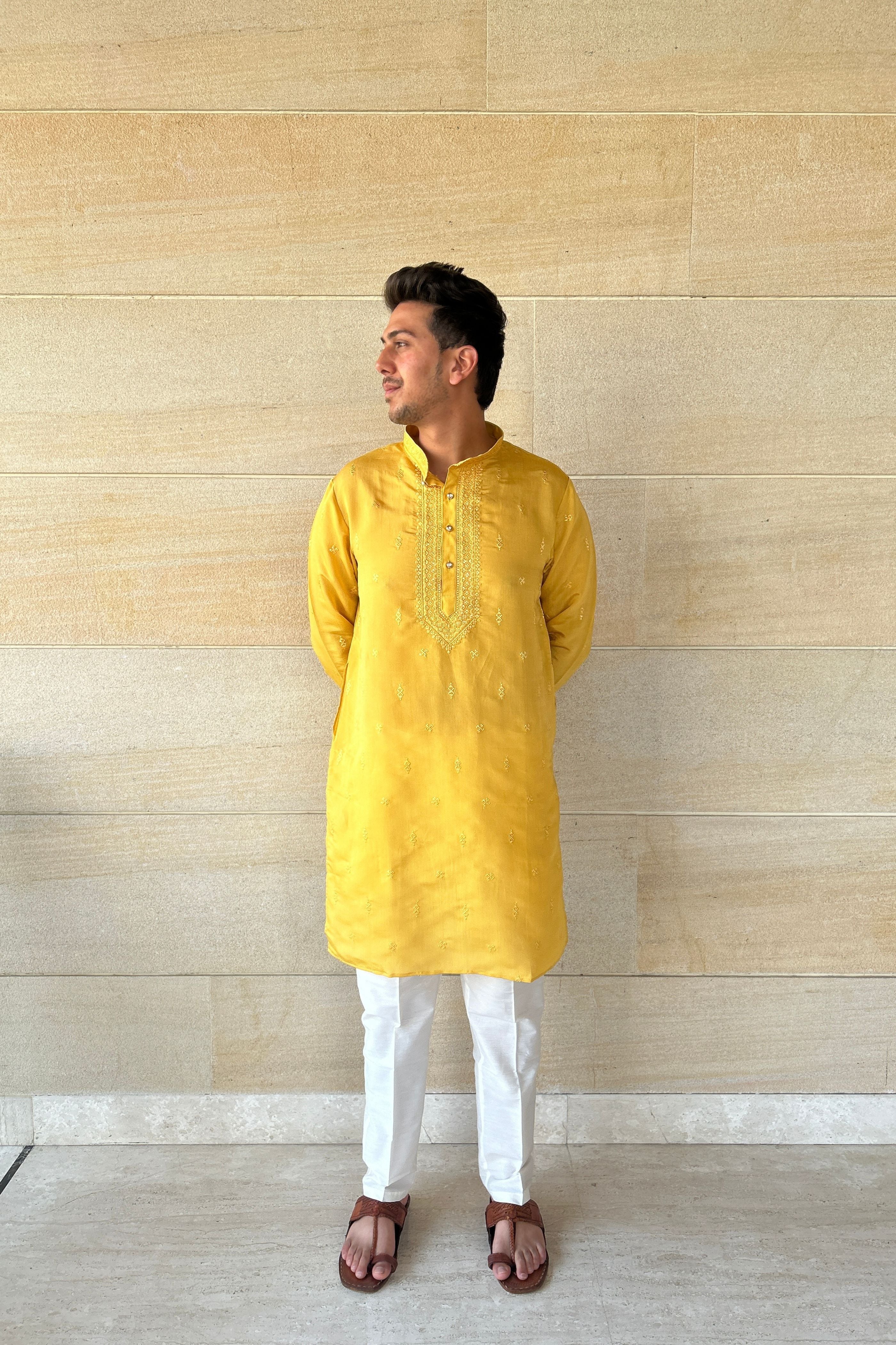 Yellow Sequence Handwork Thread Mens Kurta & Pants Set
