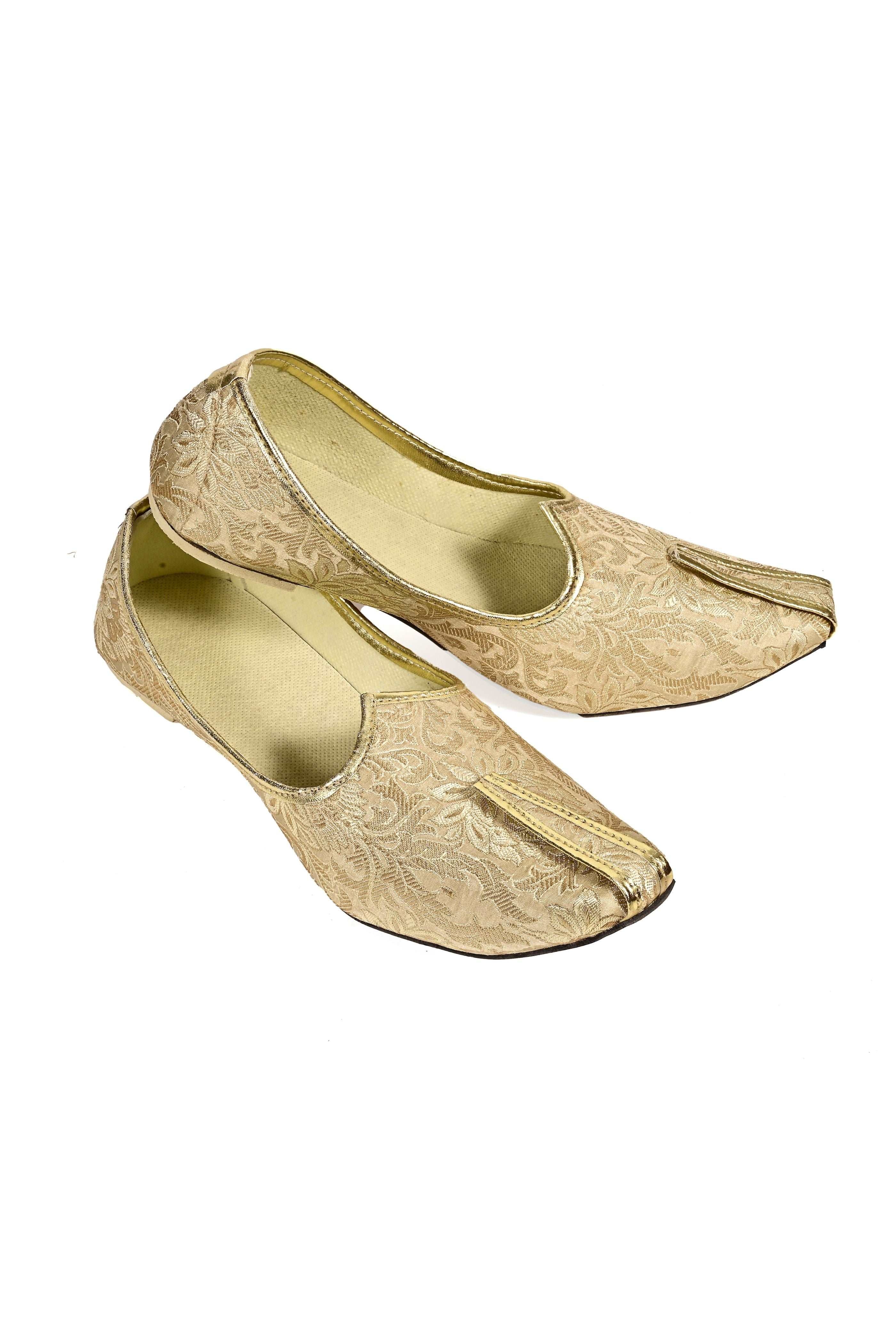 Punjabi Jutti For Men's Gold Traditional Handmade Wedding Bridal Shoes Ethnic Mojari Flat Khussa Jooti | Mojari Stylish Juttis | Golden Silk Weaving