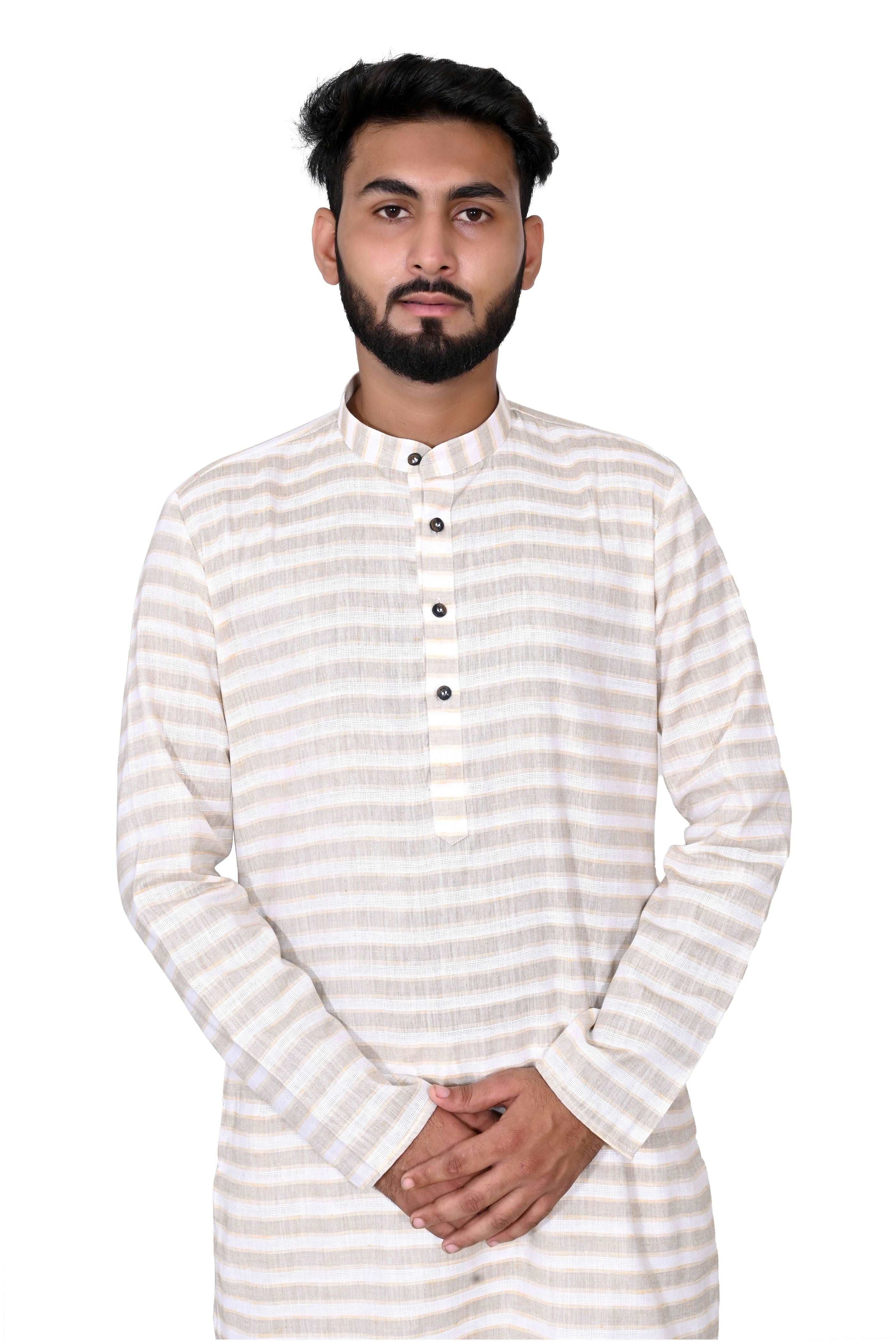 Men's Cotton Linen Kurta & White Churidar Pyjama Set