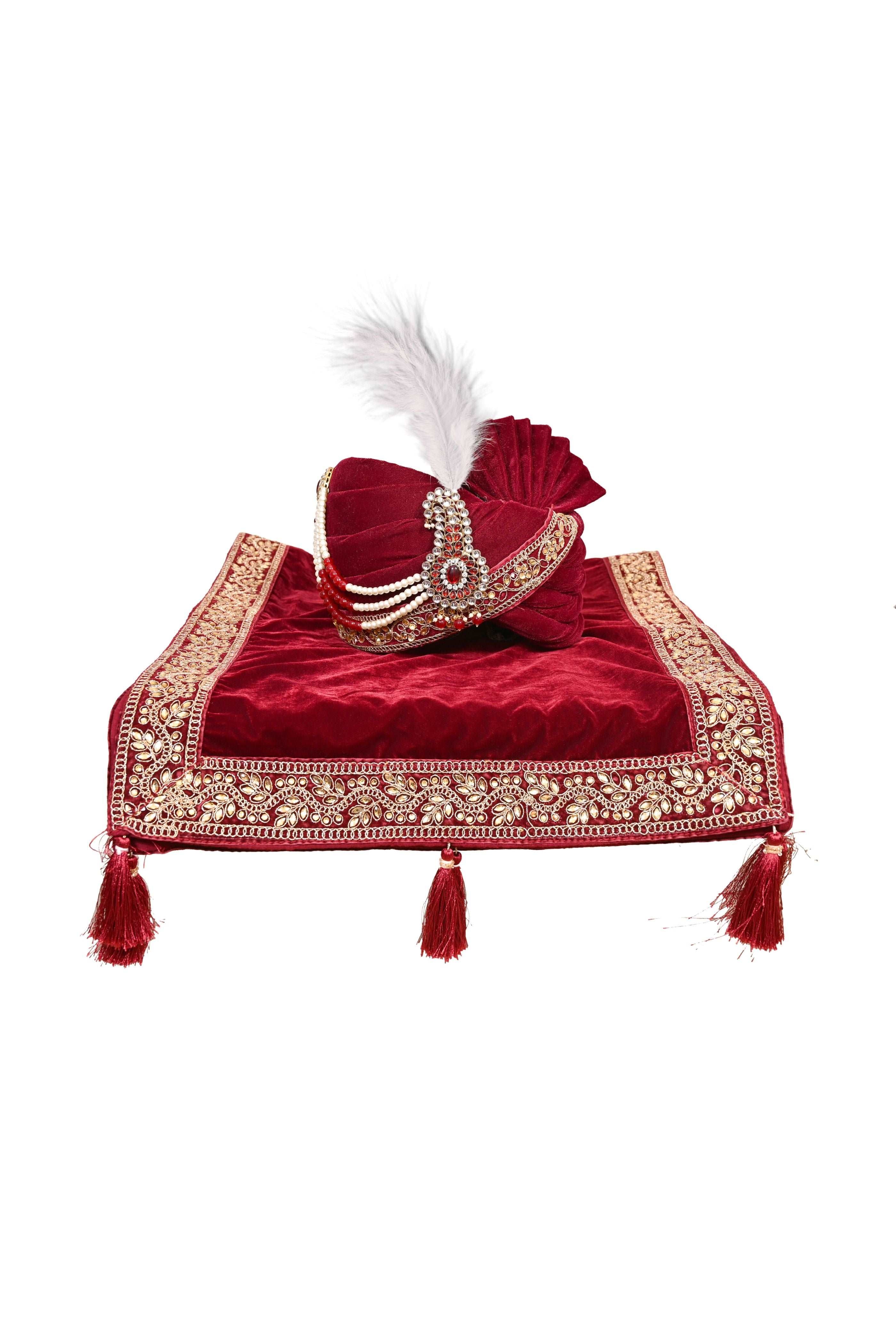 Red Velvet Stitched Handwork Border Safa/turban/pagri/pheta   Pheta (Turban Safa) And Dupatta  For Men For Wedding/marriage And Traditional Function