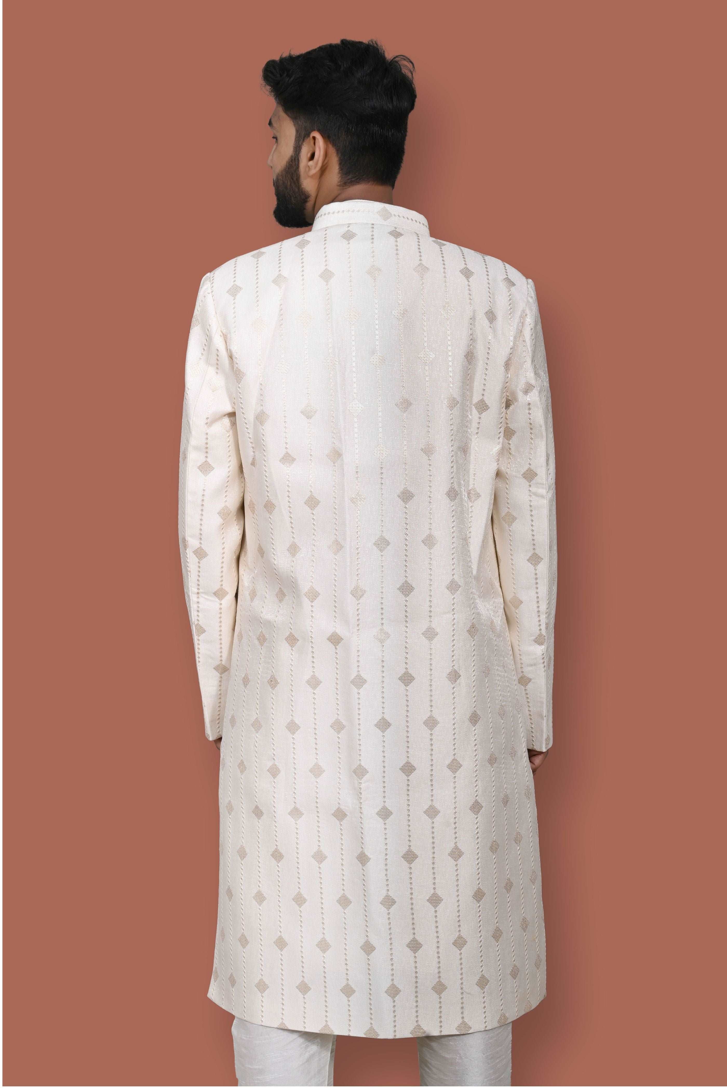 Cream Geometric Patterned Achkan Style Sherwani Set