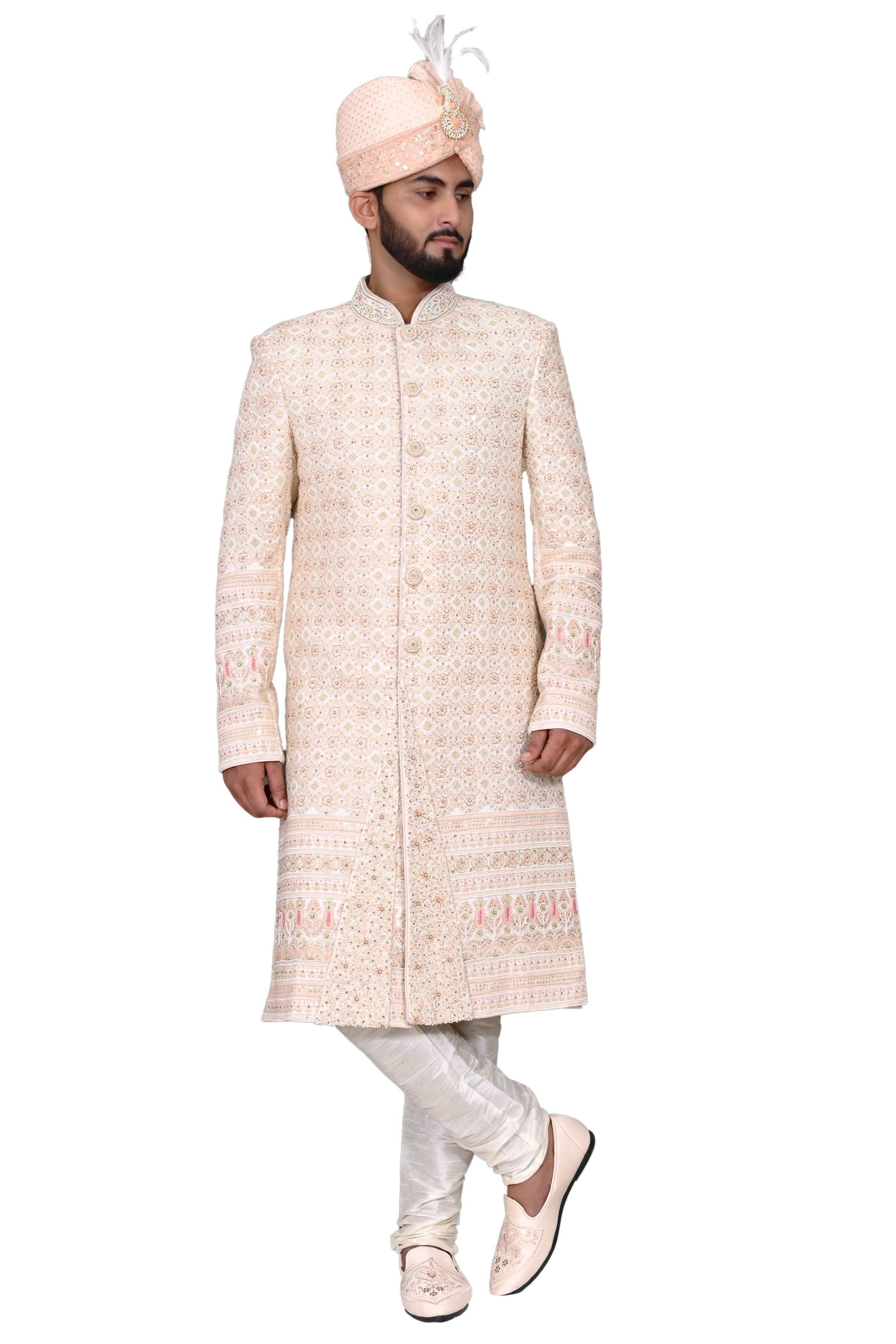 Off White Majestic Embroidered Men's Handwork Sherwani With Churidar Pyjama Set