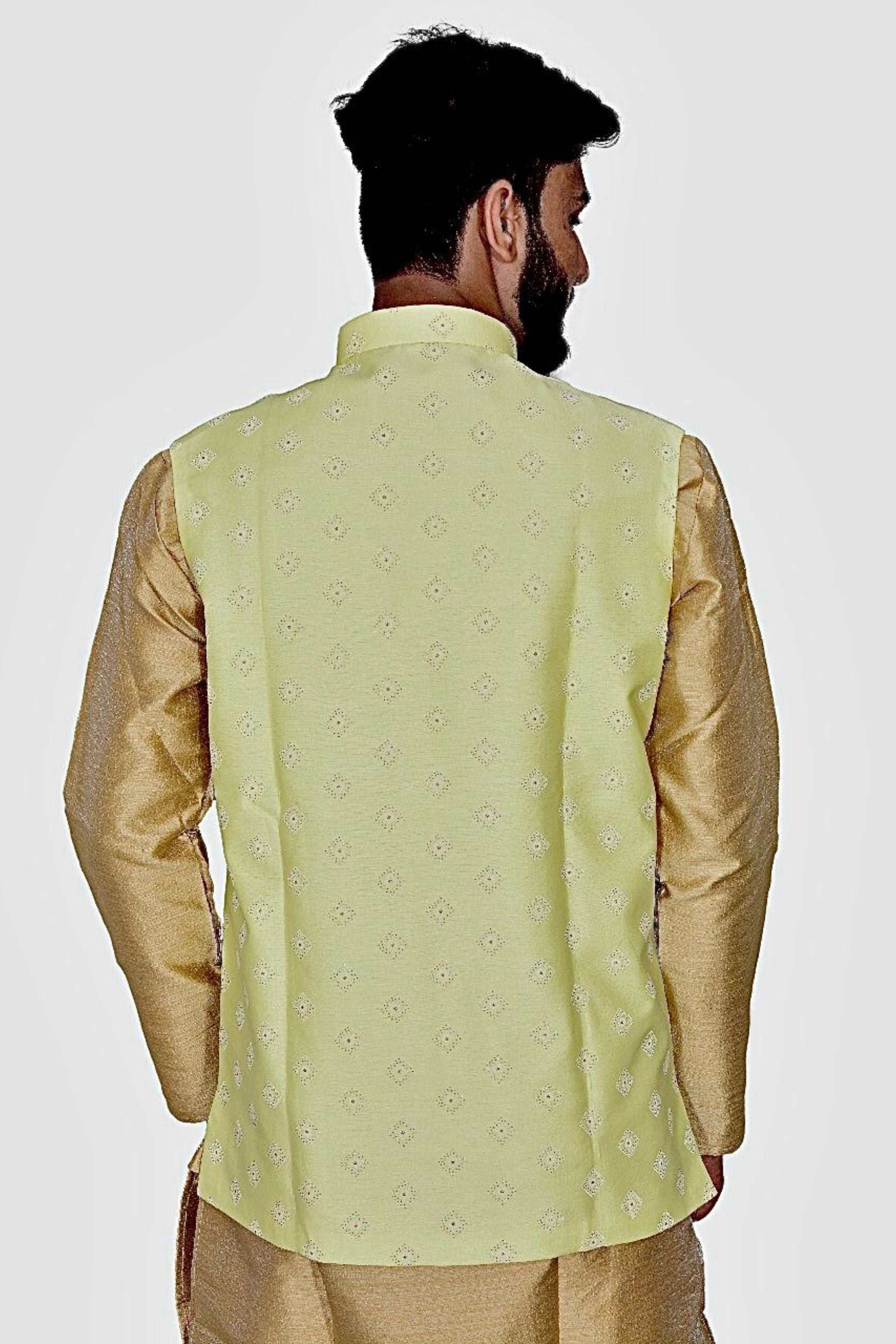 Light Green Glitter Design Nehru Jacket For Men