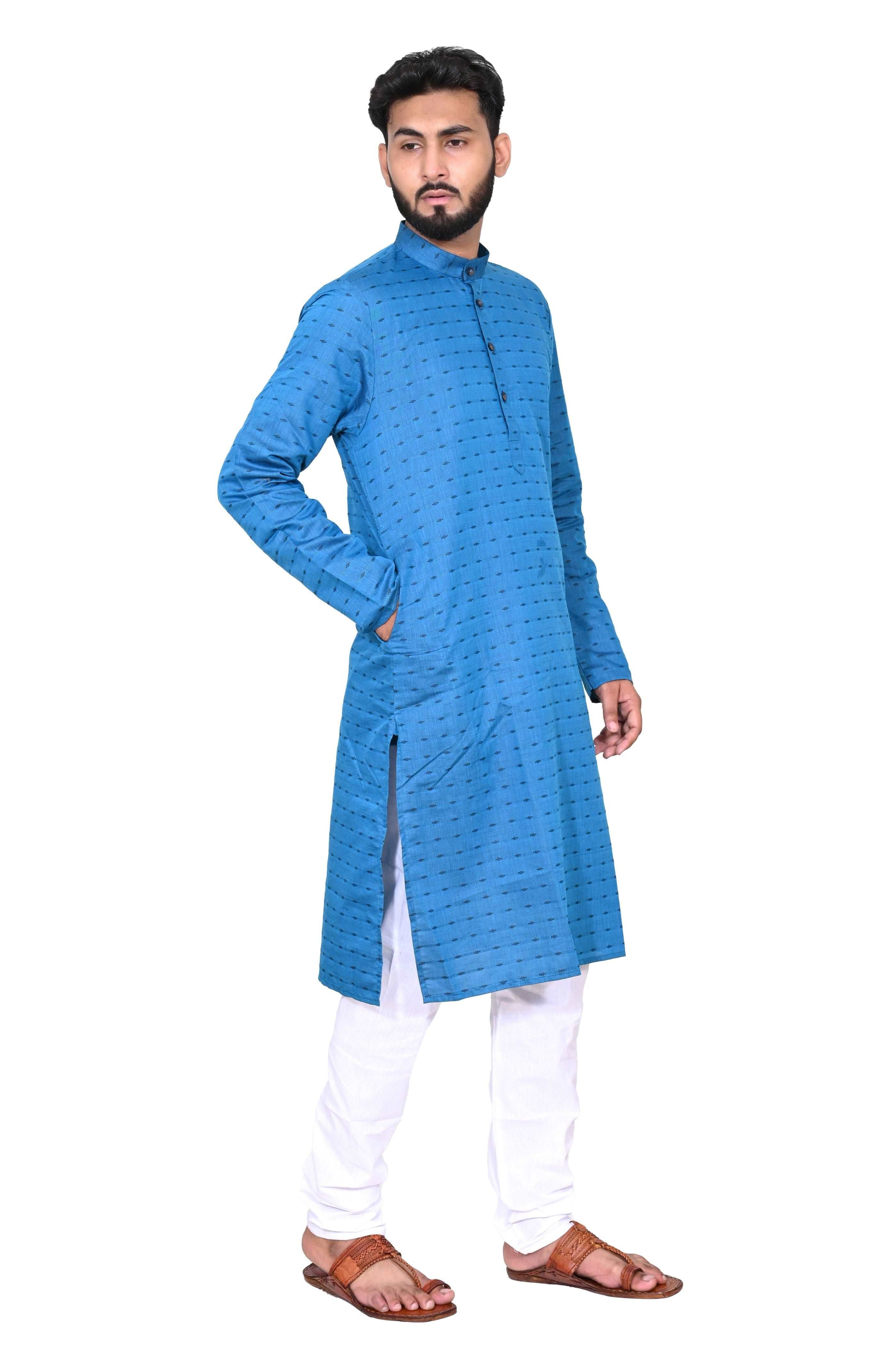 Blue Men's Cotton Linen Kurta & White Churidar Pyjama Set