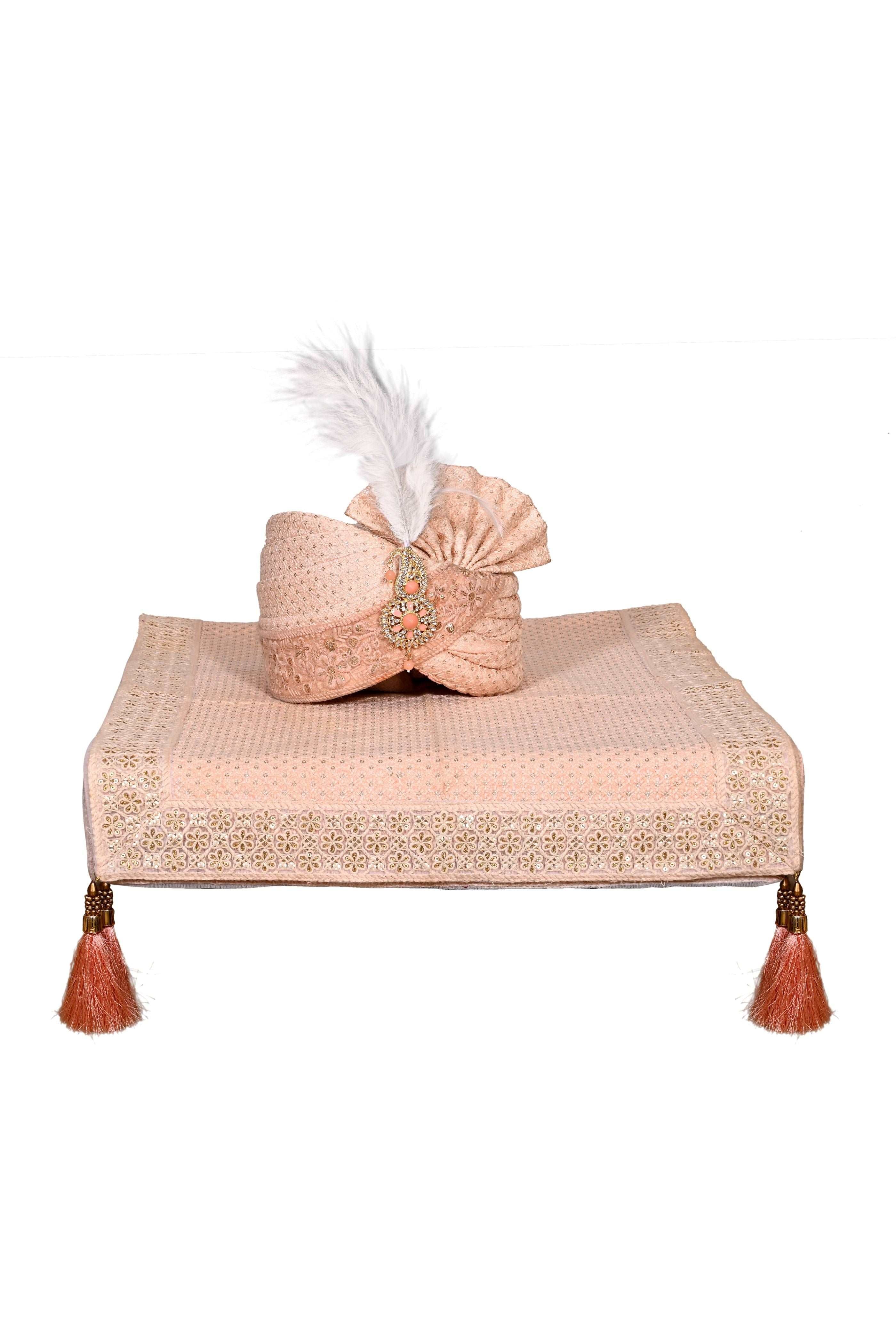 Peach Chikankari Stitched Handwork Border Safa/turban/pagri/pheta   Pheta (Turban Safa) And Dupatta  For Men For Wedding/marriage And Traditional Function