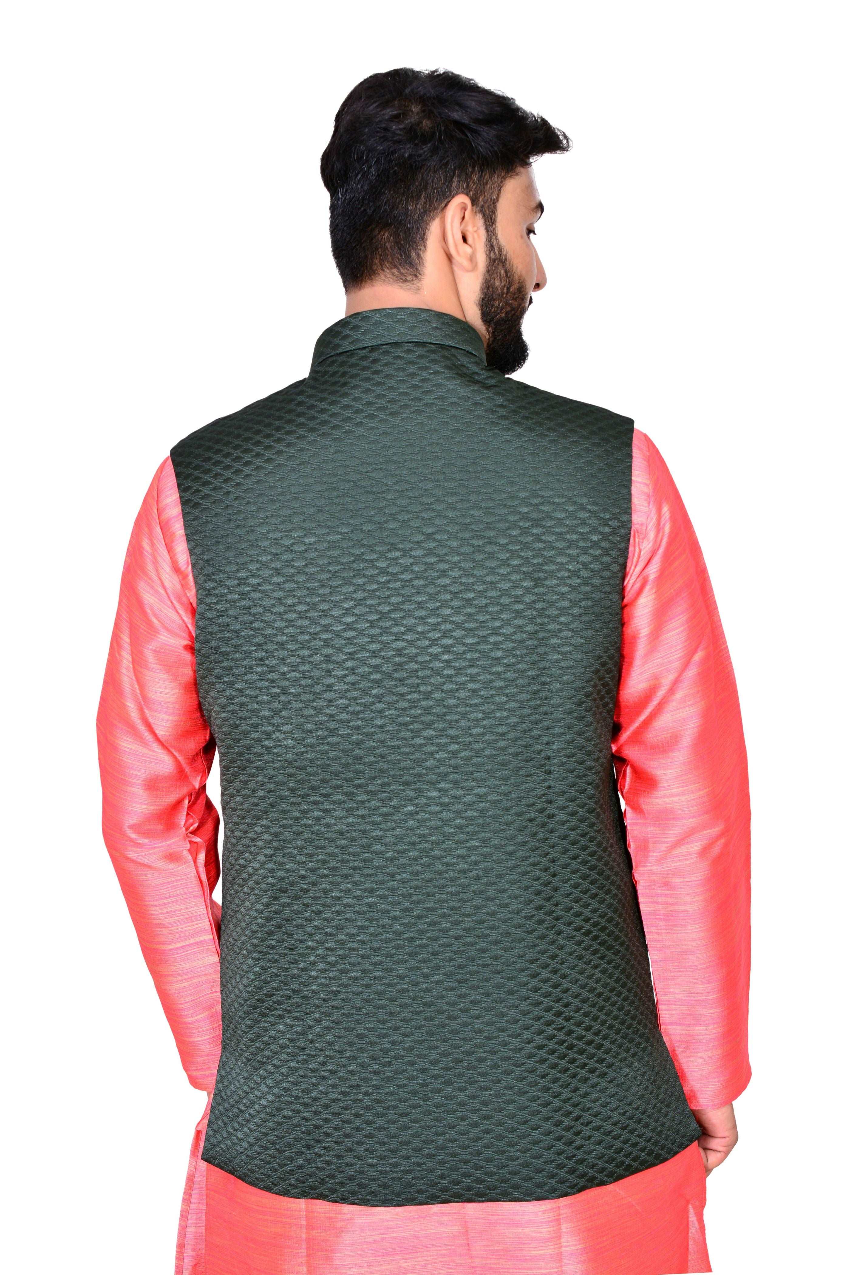Quilted Green Nehru Jacket For Men