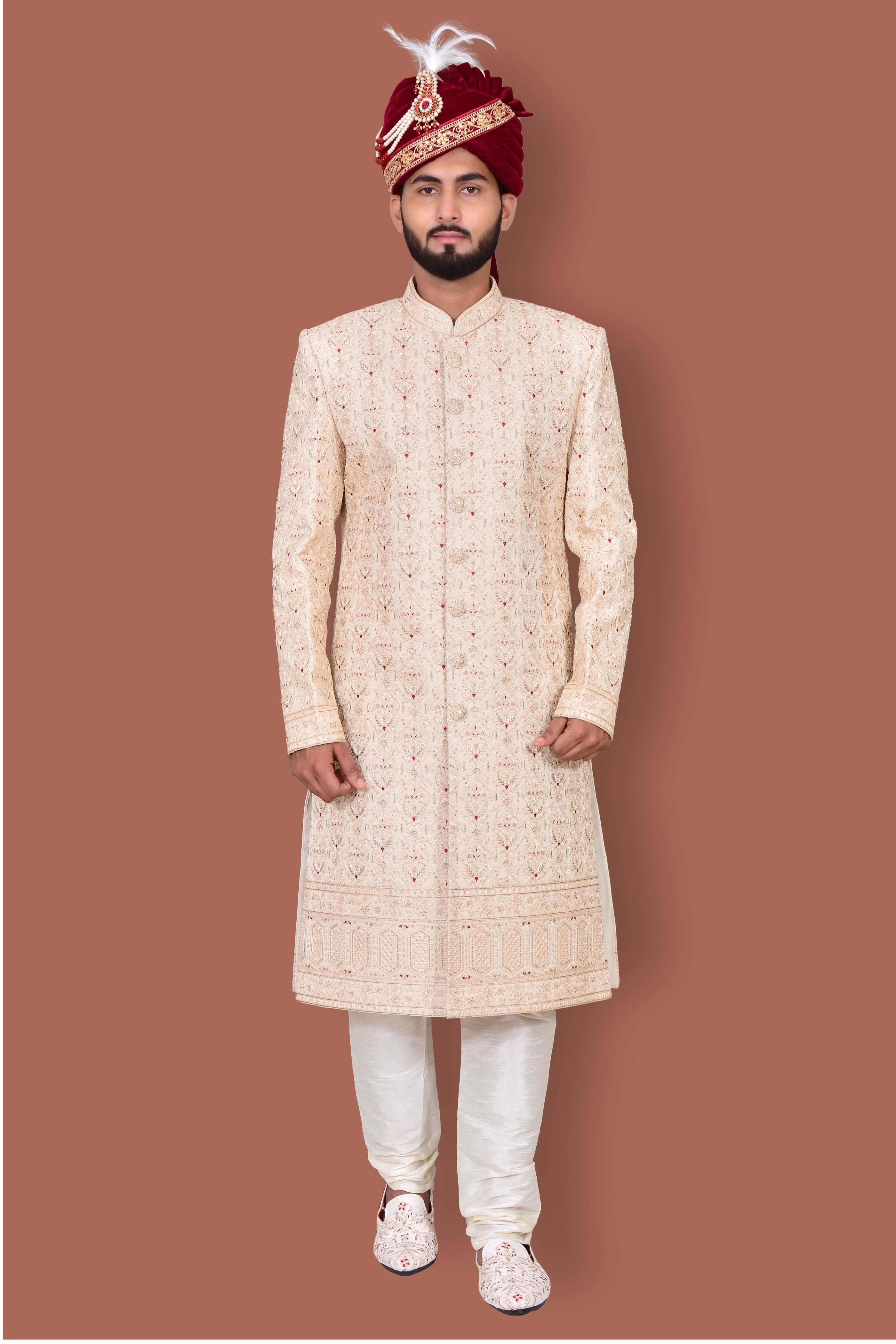 Cream Men's Handwork Sherwani With Churidar Pyjama Set
