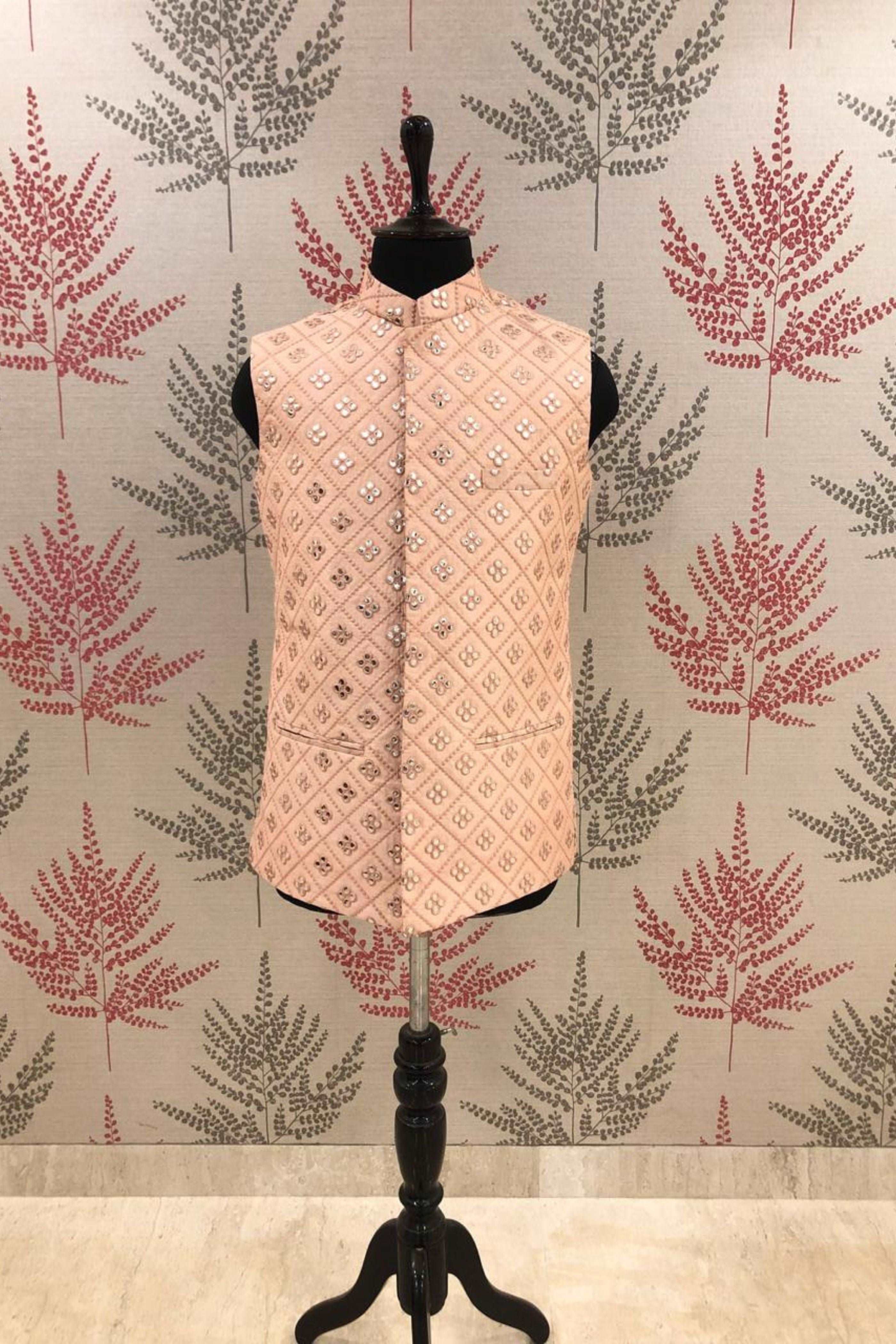 Peach Mirror Work Nehru Jacket For Men