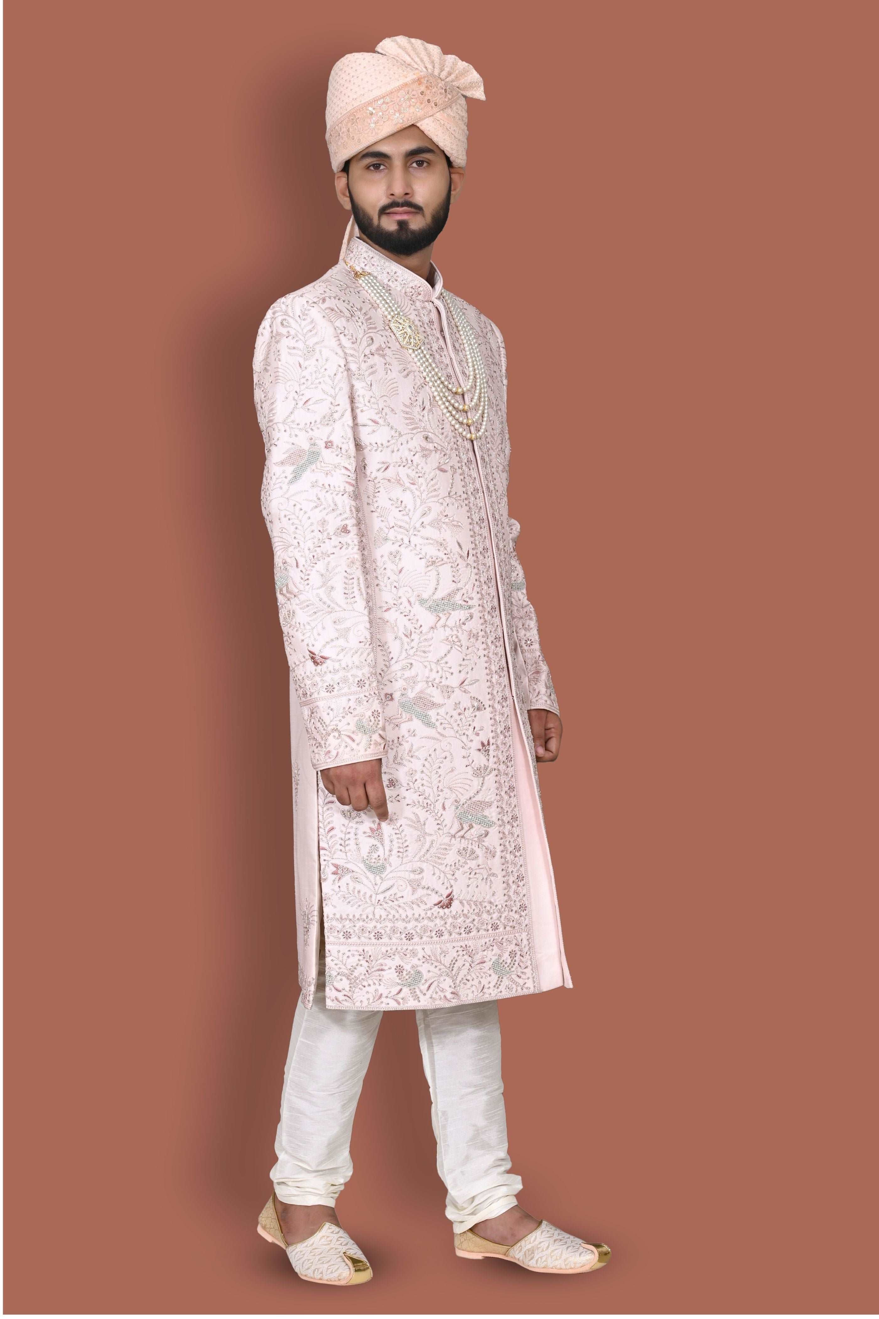 Light Rose Gold Pink Sherwani With Handwork And Zari Embroidery