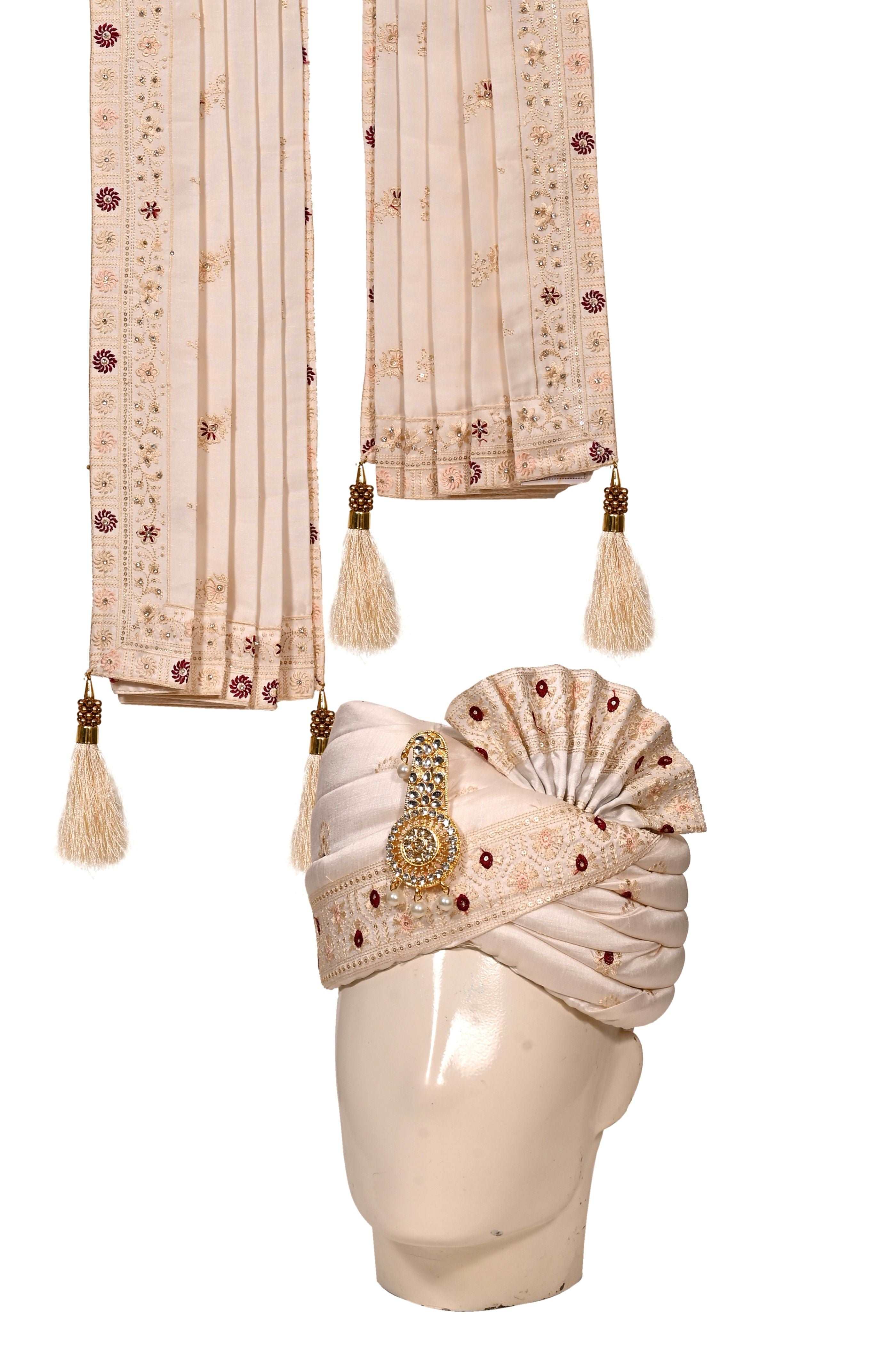 White Silk Stitched Handwork Border Safa/turban/pagri/pheta   Pheta (Turban Safa) And Dupatta For Men For Wedding/marriage And Traditional Function